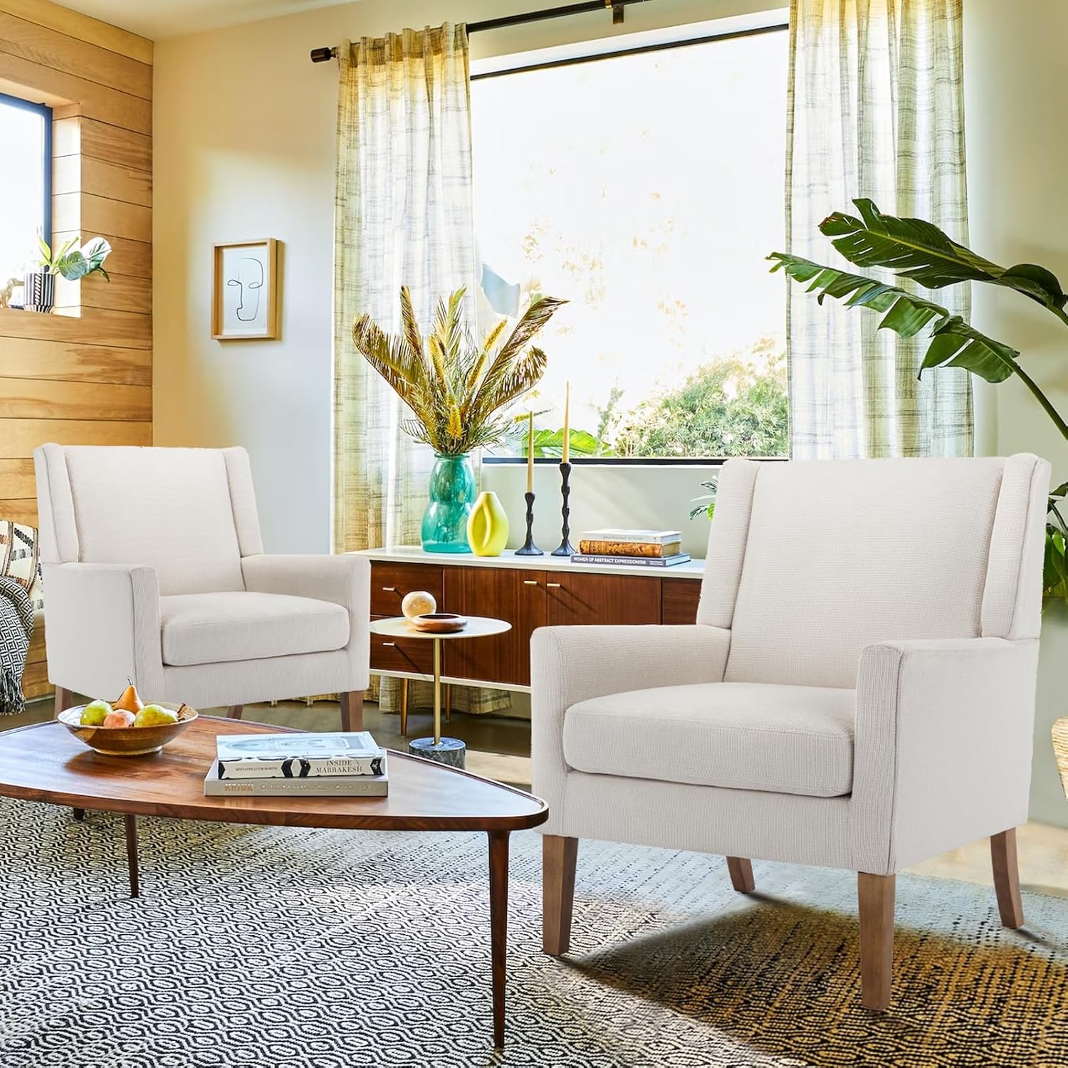 COLAMY Modern Wingback Living Room Chair, Upholstered Fabric Accent Armchair, Single Sofa Chair with Lounge Seat and Wood Legs for Bedroom/Office/Reading Spaces, Beige - Grand Goldman