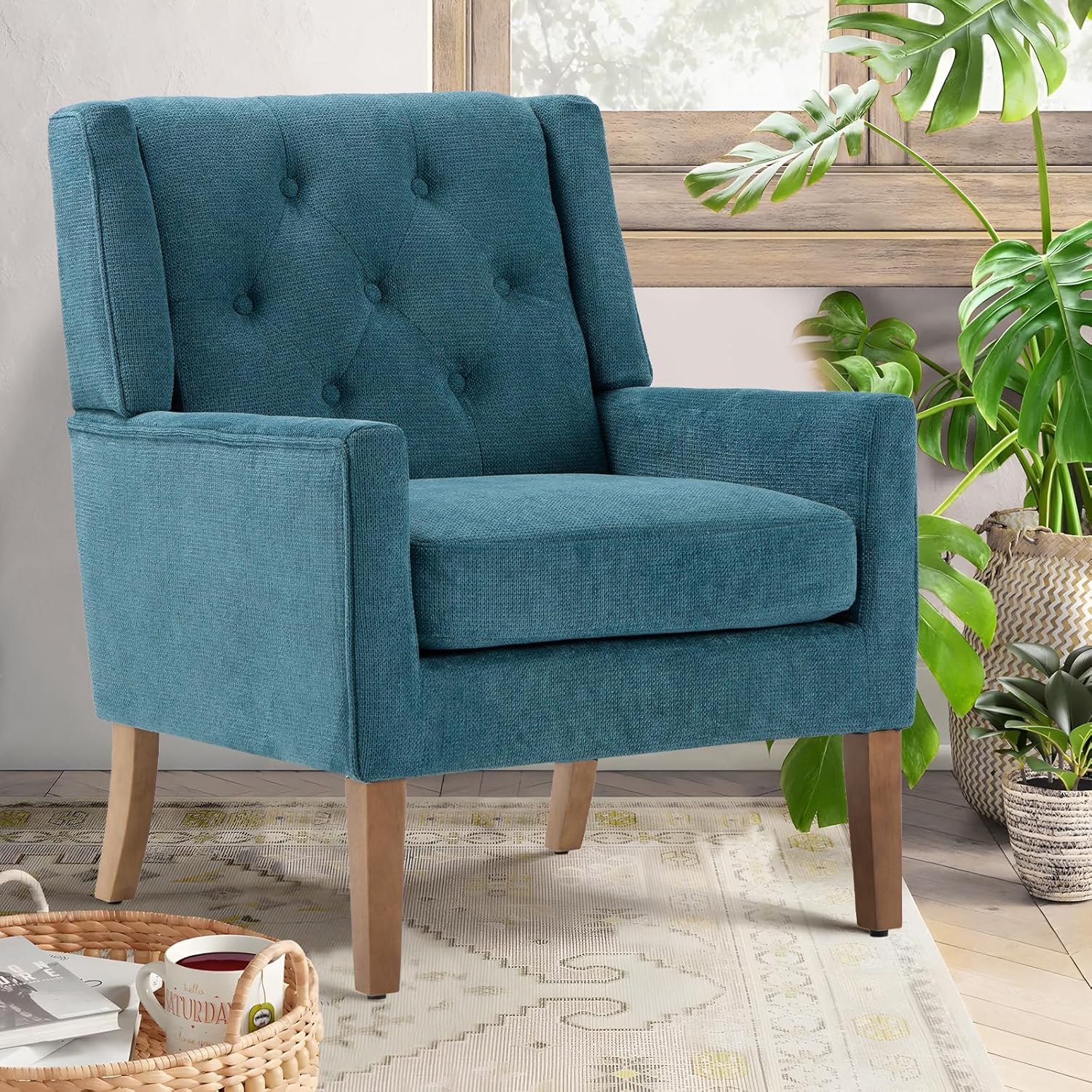 COLAMY Modern Wingback Living Room Chair, Upholstered Fabric Accent Armchair, Single Sofa Chair with Lounge Seat and Wood Legs for Bedroom/Office/Reading Spaces, Beige - Grand Goldman