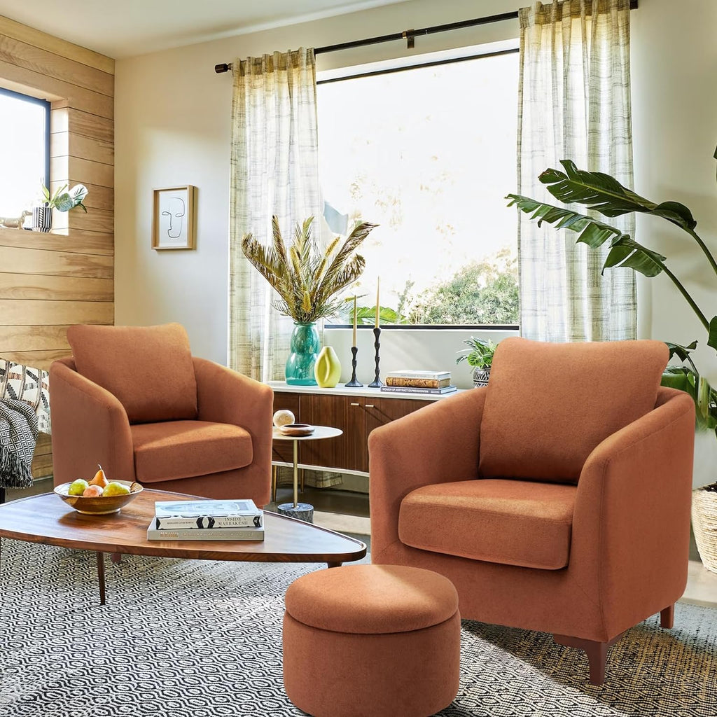 COLAMY Sherpa Accent Chair with Storage Ottoman Set, Upholstered Barrel Arm Chair with Footrest, Modern Living Room Chair with Back Pillow, Cream - Grand Goldman