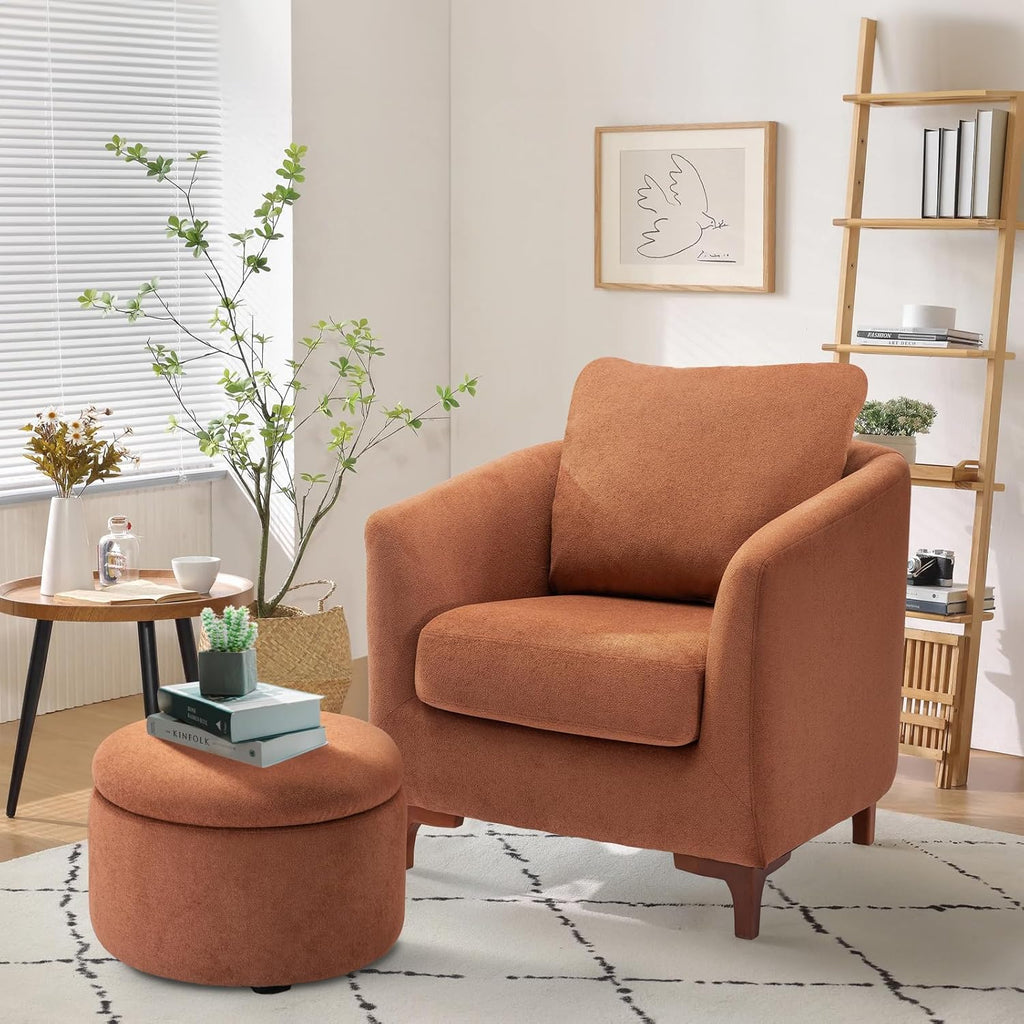 COLAMY Sherpa Accent Chair with Storage Ottoman Set, Upholstered Barrel Arm Chair with Footrest, Modern Living Room Chair with Back Pillow, Cream - Grand Goldman