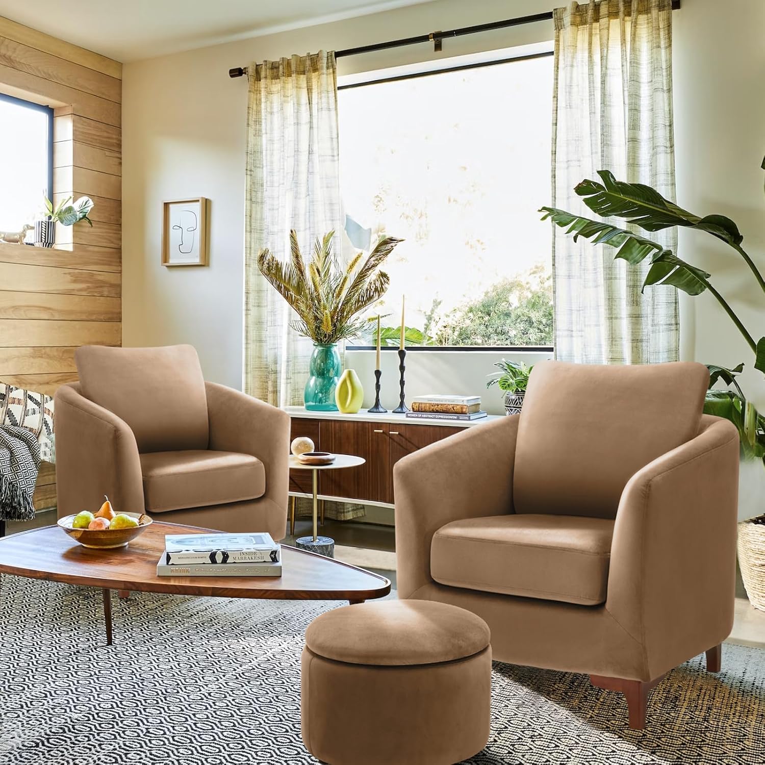 COLAMY Sherpa Accent Chair with Storage Ottoman Set, Upholstered Barrel Arm Chair with Footrest, Modern Living Room Chair with Back Pillow, Cream - Grand Goldman