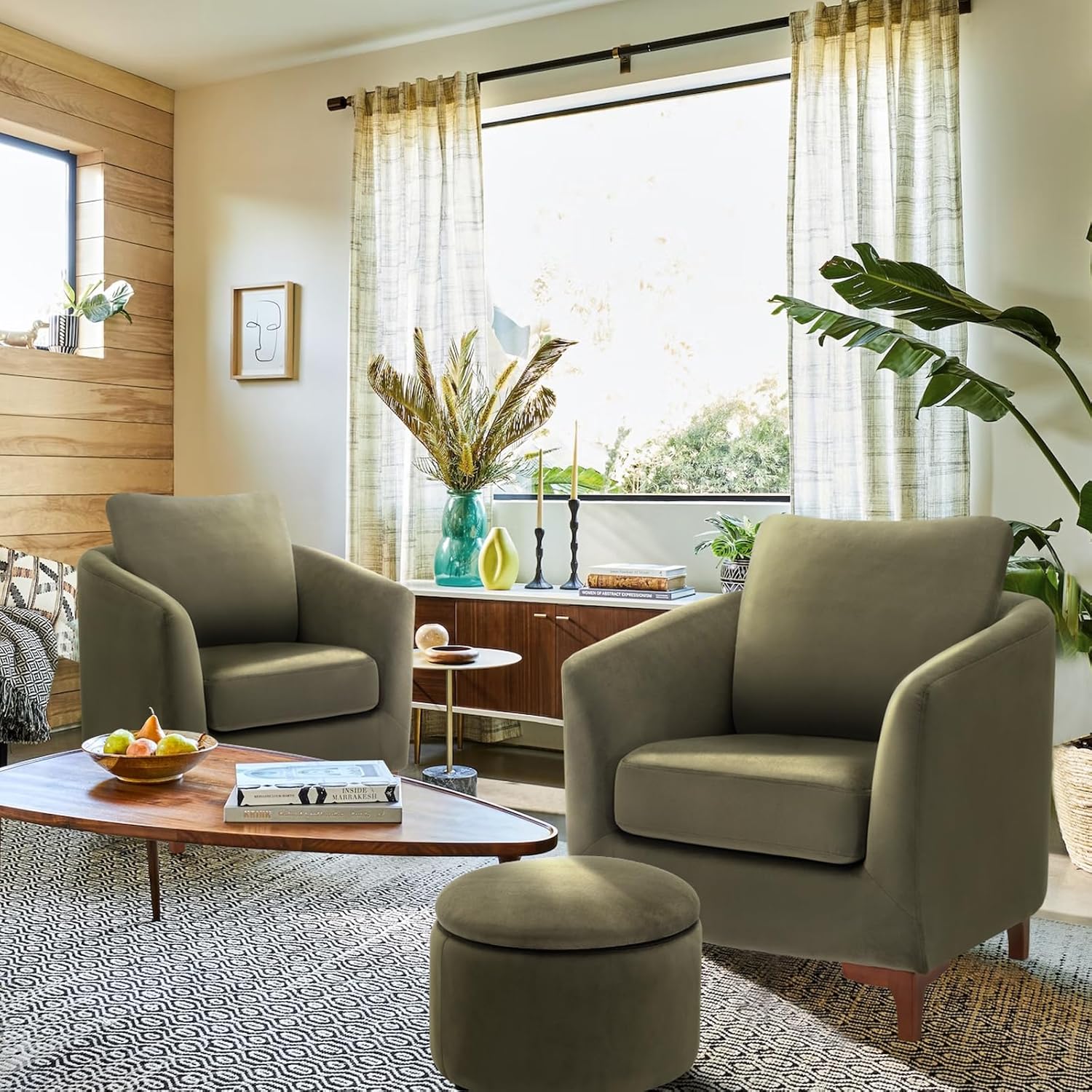 COLAMY Sherpa Accent Chair with Storage Ottoman Set, Upholstered Barrel Arm Chair with Footrest, Modern Living Room Chair with Back Pillow, Cream - Grand Goldman