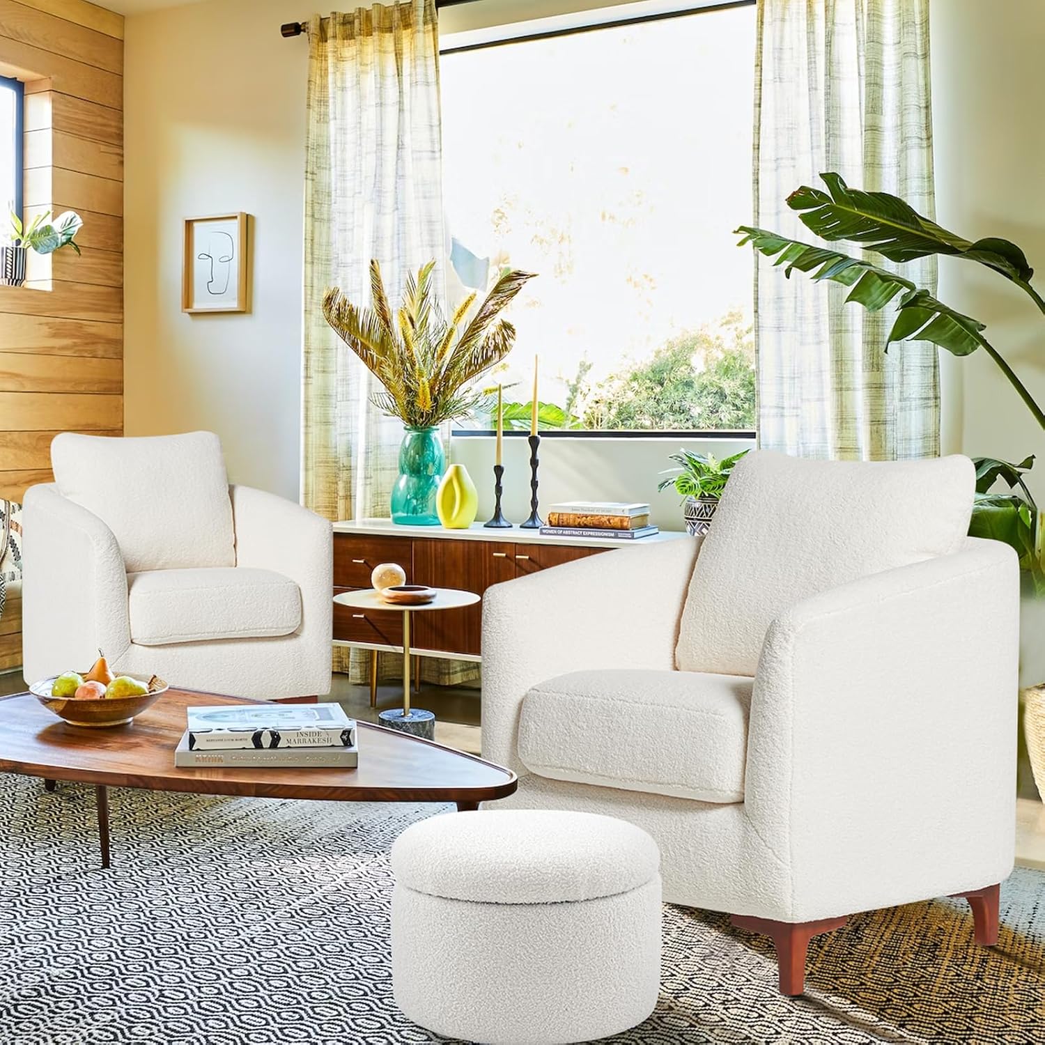 COLAMY Sherpa Accent Chair with Storage Ottoman Set, Upholstered Barrel Arm Chair with Footrest, Modern Living Room Chair with Back Pillow, Cream - Grand Goldman