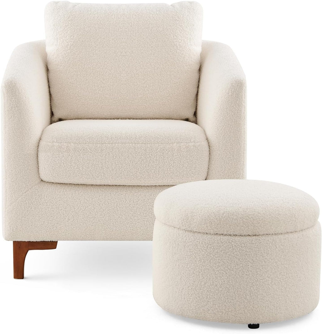 COLAMY Sherpa Accent Chair with Storage Ottoman Set, Upholstered Barrel Arm Chair with Footrest, Modern Living Room Chair with Back Pillow, Cream - Grand Goldman