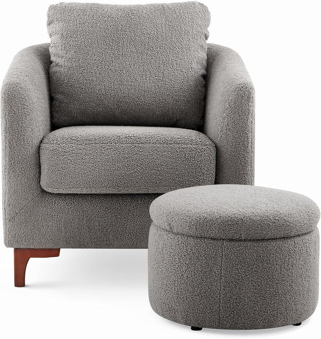 COLAMY Sherpa Accent Chair with Storage Ottoman Set, Upholstered Barrel Arm Chair with Footrest, Modern Living Room Chair with Back Pillow, Cream - Grand Goldman