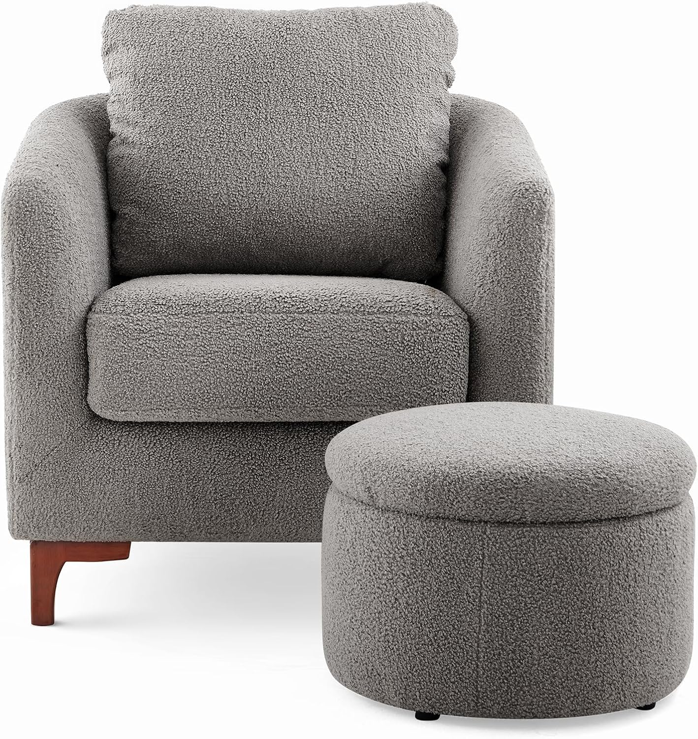 COLAMY Sherpa Accent Chair with Storage Ottoman Set, Upholstered Barrel Arm Chair with Footrest, Modern Living Room Chair with Back Pillow, Cream - Grand Goldman
