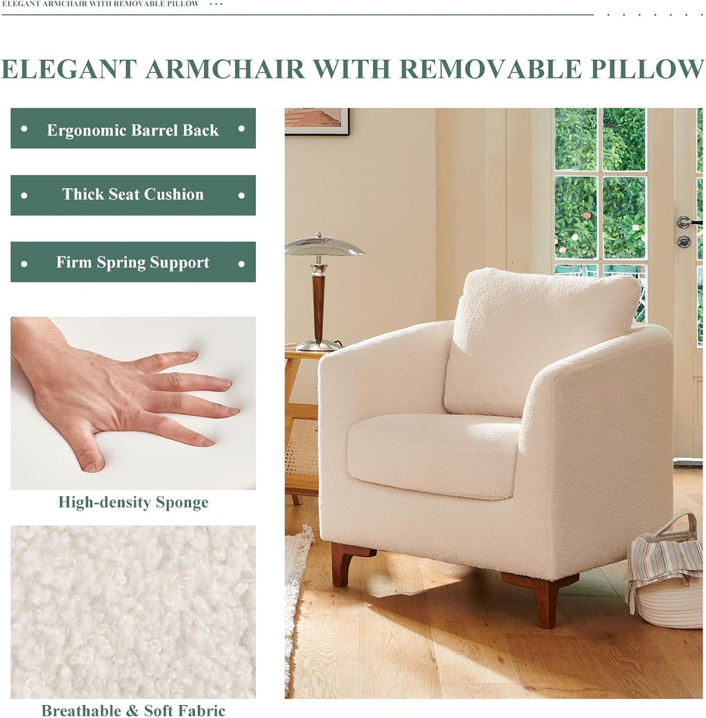 COLAMY Sherpa Accent Chair with Storage Ottoman Set, Upholstered Barrel Arm Chair with Footrest, Modern Living Room Chair with Back Pillow, Cream - Grand Goldman
