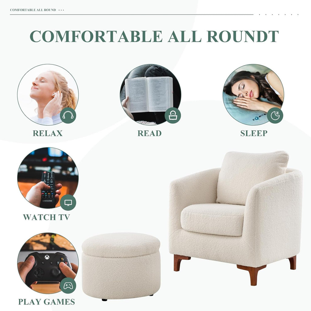 COLAMY Sherpa Accent Chair with Storage Ottoman Set, Upholstered Barrel Arm Chair with Footrest, Modern Living Room Chair with Back Pillow, Cream - Grand Goldman