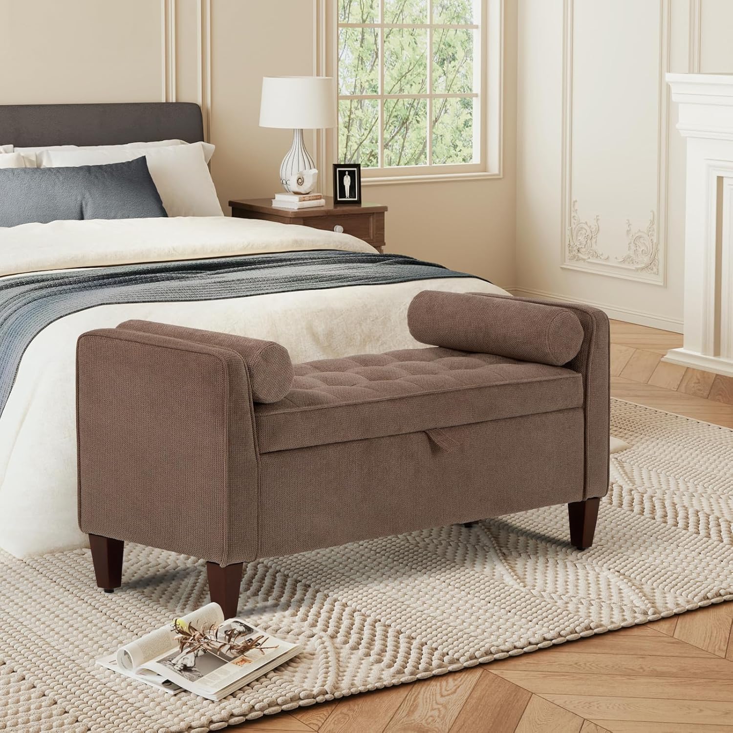 COLAMY Tufted Storage Bench for Bedroom End, 48 Inch Modern Upholstered Storage Ottoman with Arms and Bolster Pillows for Bedroom, Living Room, Entryway, Beige - Grand Goldman