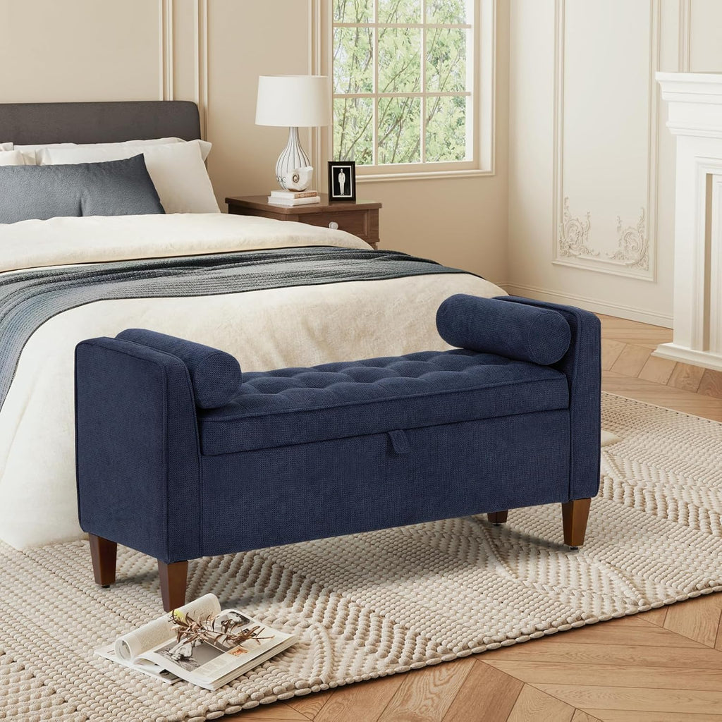 COLAMY Tufted Storage Bench for Bedroom End, 48 Inch Modern Upholstered Storage Ottoman with Arms and Bolster Pillows for Bedroom, Living Room, Entryway, Beige - Grand Goldman