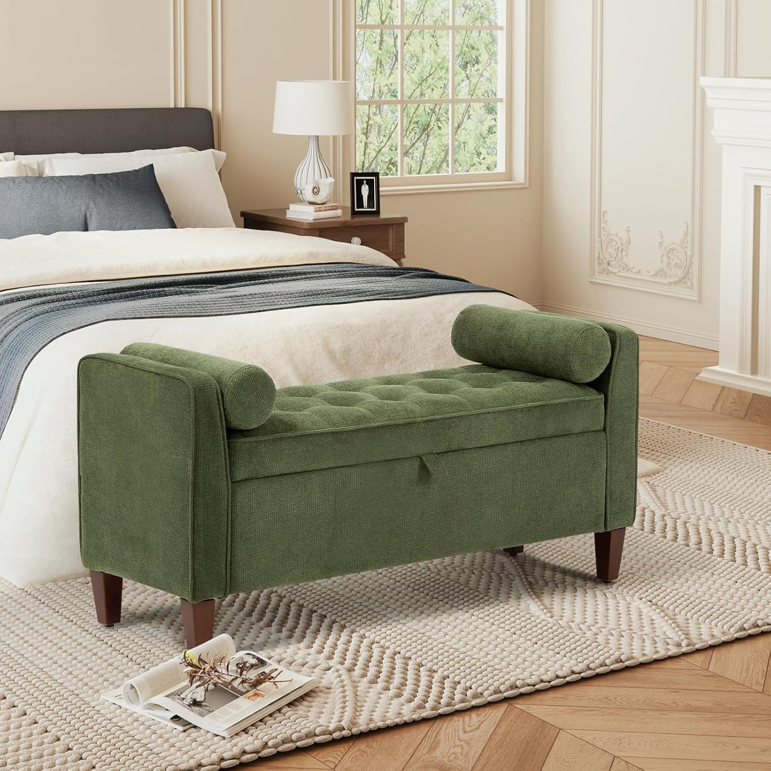 COLAMY Tufted Storage Bench for Bedroom End, 48 Inch Modern Upholstered Storage Ottoman with Arms and Bolster Pillows for Bedroom, Living Room, Entryway, Beige - Grand Goldman