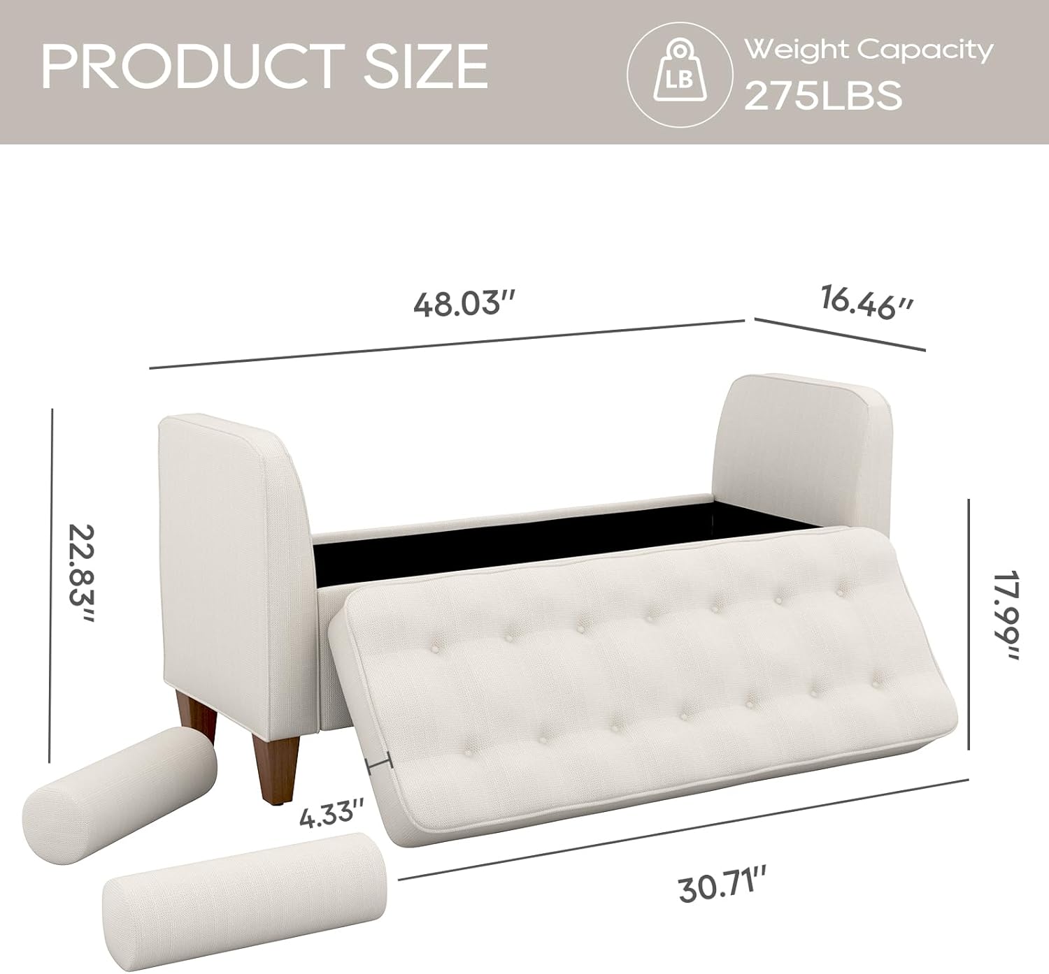 COLAMY Tufted Storage Bench for Bedroom End, 48 Inch Modern Upholstered Storage Ottoman with Arms and Bolster Pillows for Bedroom, Living Room, Entryway, Beige - Grand Goldman