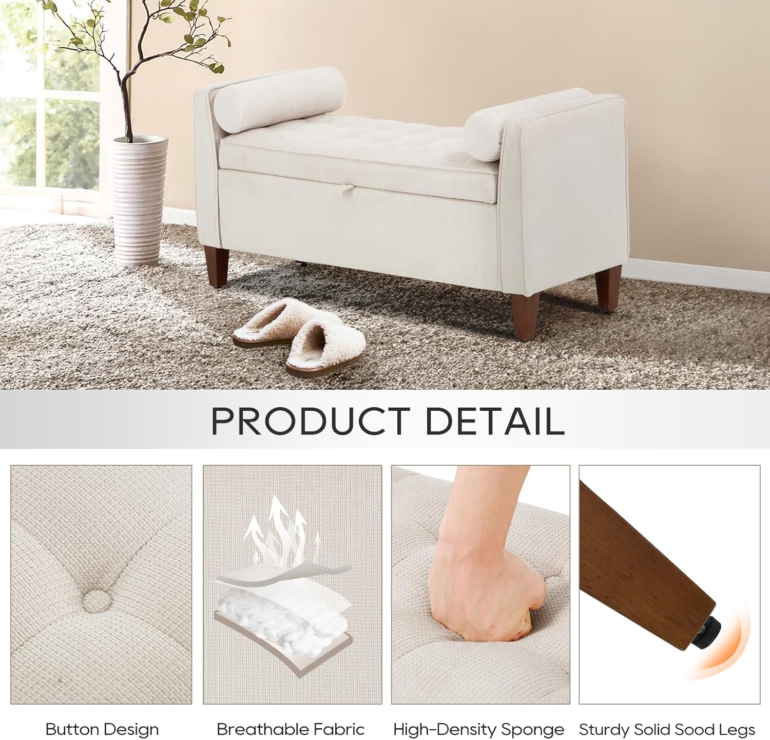 COLAMY Tufted Storage Bench for Bedroom End, 48 Inch Modern Upholstered Storage Ottoman with Arms and Bolster Pillows for Bedroom, Living Room, Entryway, Beige - Grand Goldman