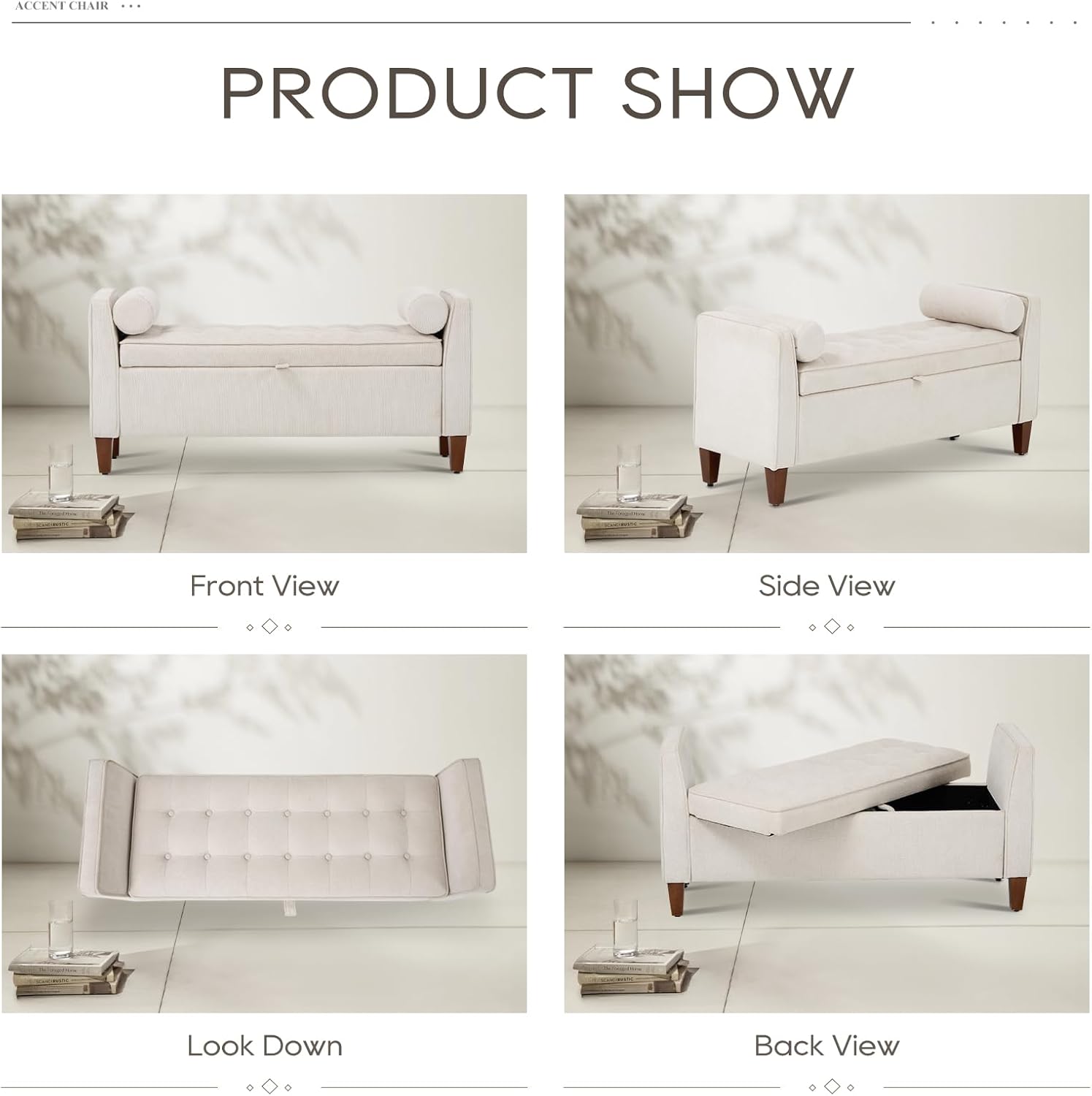 COLAMY Tufted Storage Bench for Bedroom End, 48 Inch Modern Upholstered Storage Ottoman with Arms and Bolster Pillows for Bedroom, Living Room, Entryway, Beige - Grand Goldman