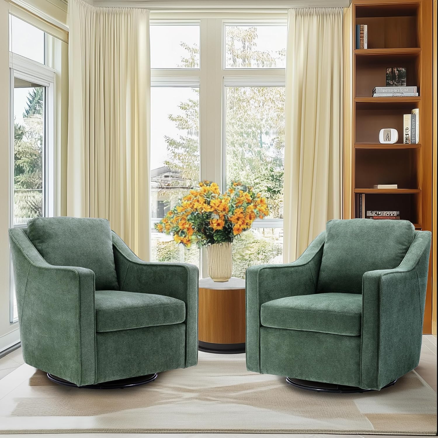 COLAMY Upholstered 360° Swivel Accent Chair Set of 2 with Track Arms, Thick Padded Arm Chair Solid Metal Base, Mid-Century Sofa Chair Modern Reading Chair for Living Room and Bedroom, Beige - Grand Goldman