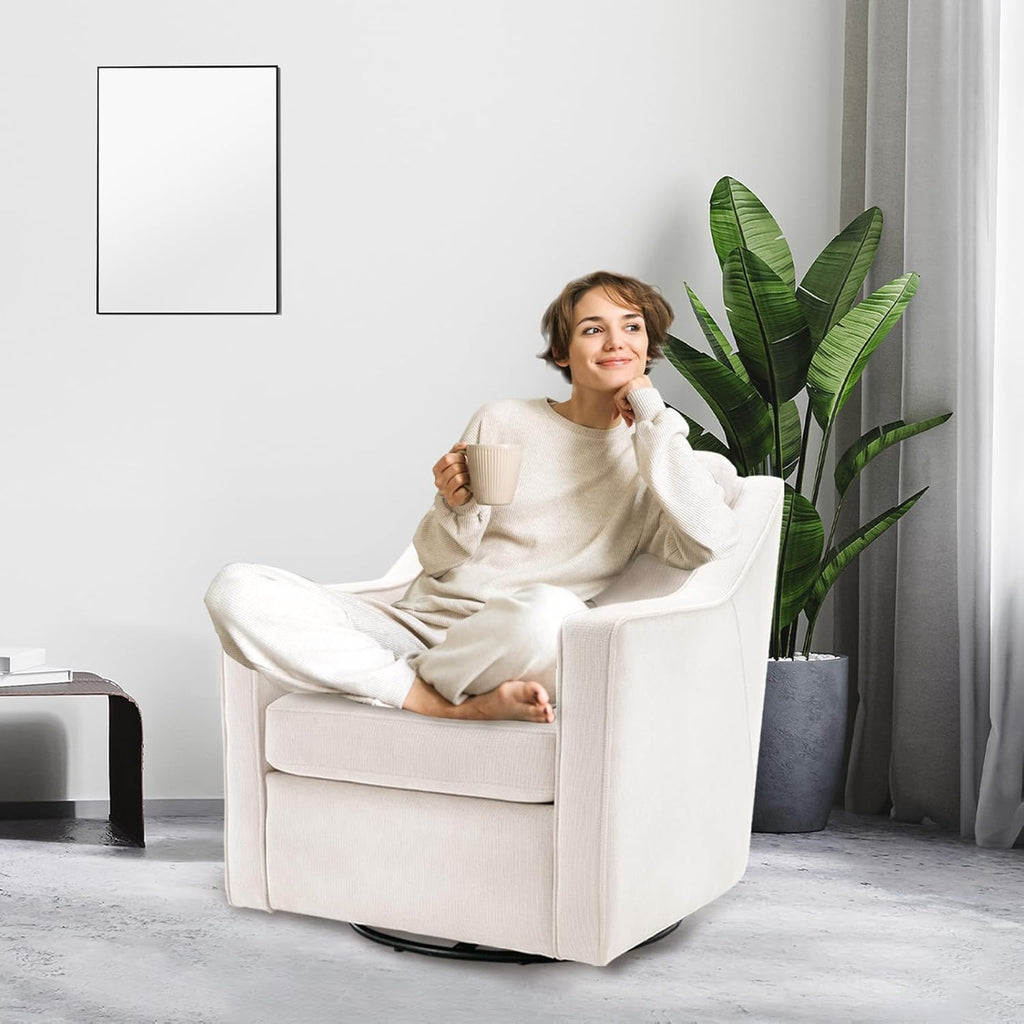 COLAMY Upholstered 360° Swivel Accent Chair Set of 2 with Track Arms, Thick Padded Arm Chair Solid Metal Base, Mid-Century Sofa Chair Modern Reading Chair for Living Room and Bedroom, Beige - Grand Goldman