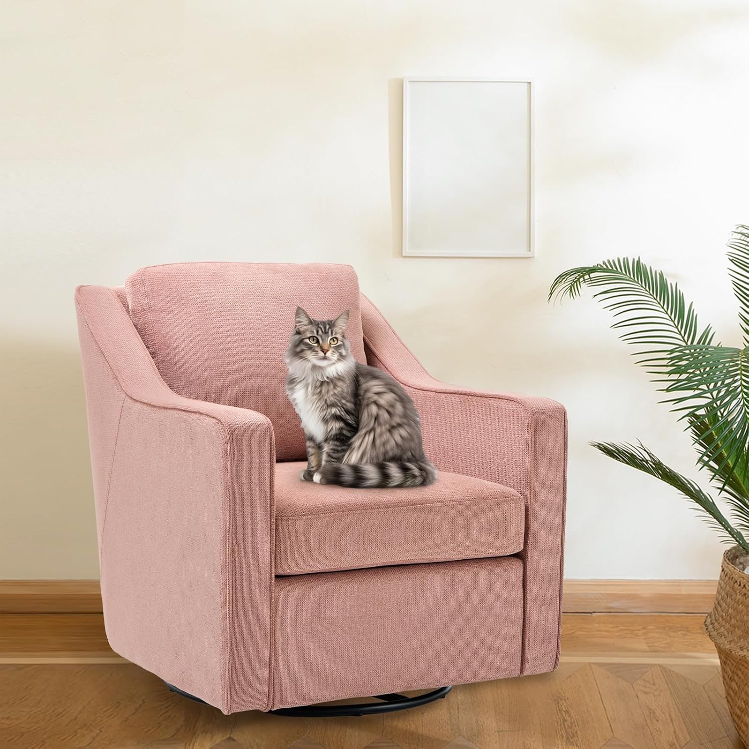 COLAMY Upholstered 360° Swivel Accent Chair Set of 2 with Track Arms, Thick Padded Arm Chair Solid Metal Base, Mid-Century Sofa Chair Modern Reading Chair for Living Room and Bedroom, Beige - Grand Goldman