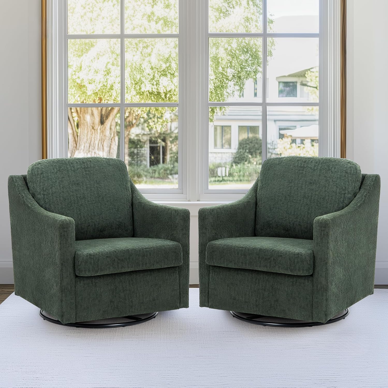 COLAMY Upholstered 360° Swivel Accent Chair Set of 2 with Track Arms, Thick Padded Arm Chair Solid Metal Base, Mid-Century Sofa Chair Modern Reading Chair for Living Room and Bedroom, Beige - Grand Goldman