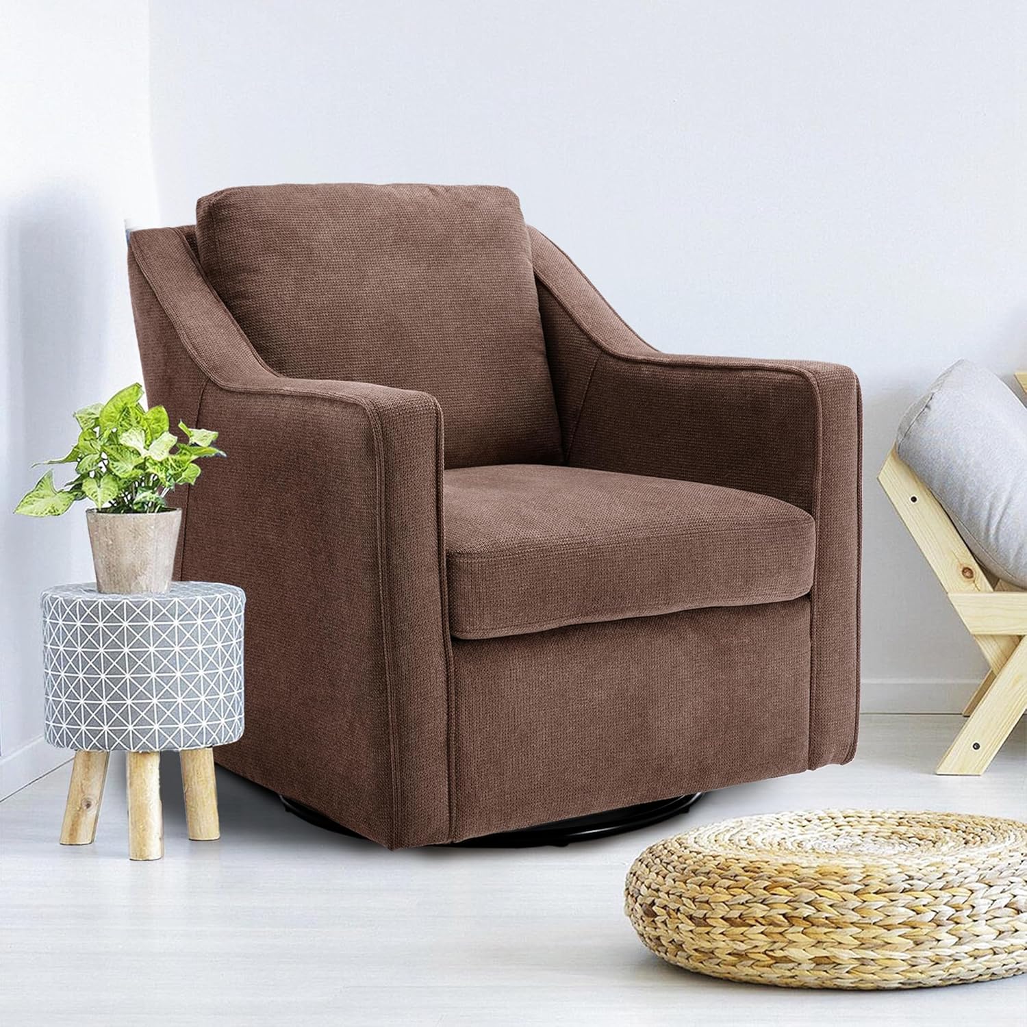 COLAMY Upholstered 360° Swivel Accent Chair Set of 2 with Track Arms, Thick Padded Arm Chair Solid Metal Base, Mid-Century Sofa Chair Modern Reading Chair for Living Room and Bedroom, Beige - Grand Goldman