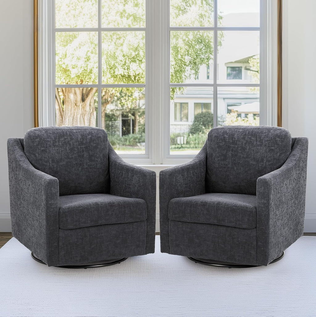 COLAMY Upholstered 360° Swivel Accent Chair Set of 2 with Track Arms, Thick Padded Arm Chair Solid Metal Base, Mid-Century Sofa Chair Modern Reading Chair for Living Room and Bedroom, Beige - Grand Goldman