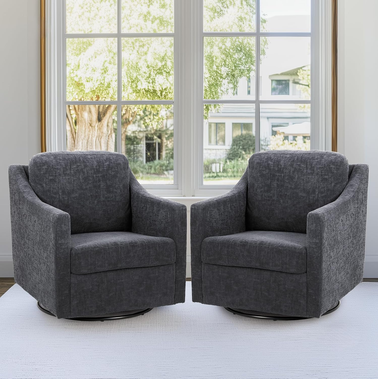 COLAMY Upholstered 360° Swivel Accent Chair Set of 2 with Track Arms, Thick Padded Arm Chair Solid Metal Base, Mid-Century Sofa Chair Modern Reading Chair for Living Room and Bedroom, Beige - Grand Goldman