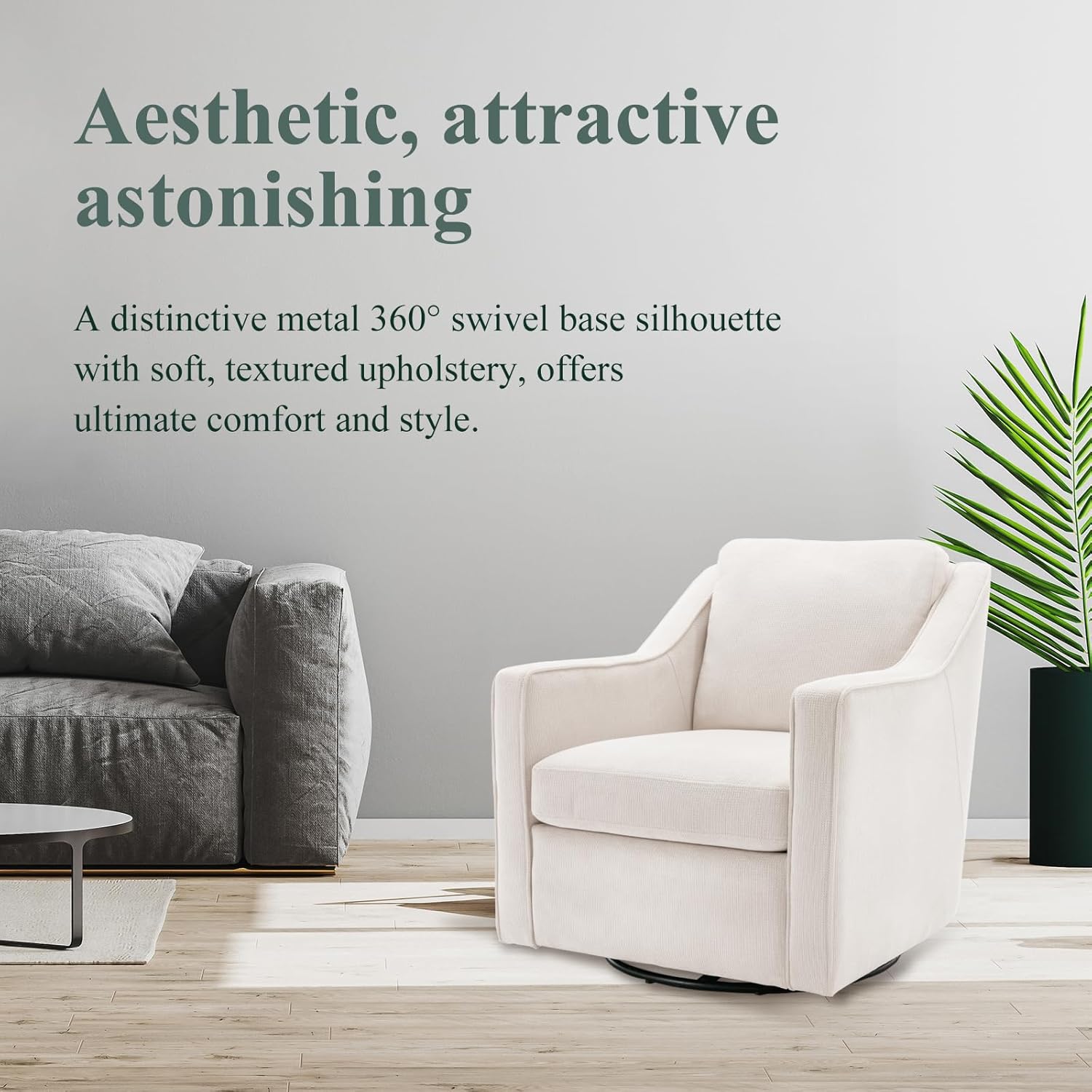 COLAMY Upholstered 360° Swivel Accent Chair Set of 2 with Track Arms, Thick Padded Arm Chair Solid Metal Base, Mid-Century Sofa Chair Modern Reading Chair for Living Room and Bedroom, Beige - Grand Goldman