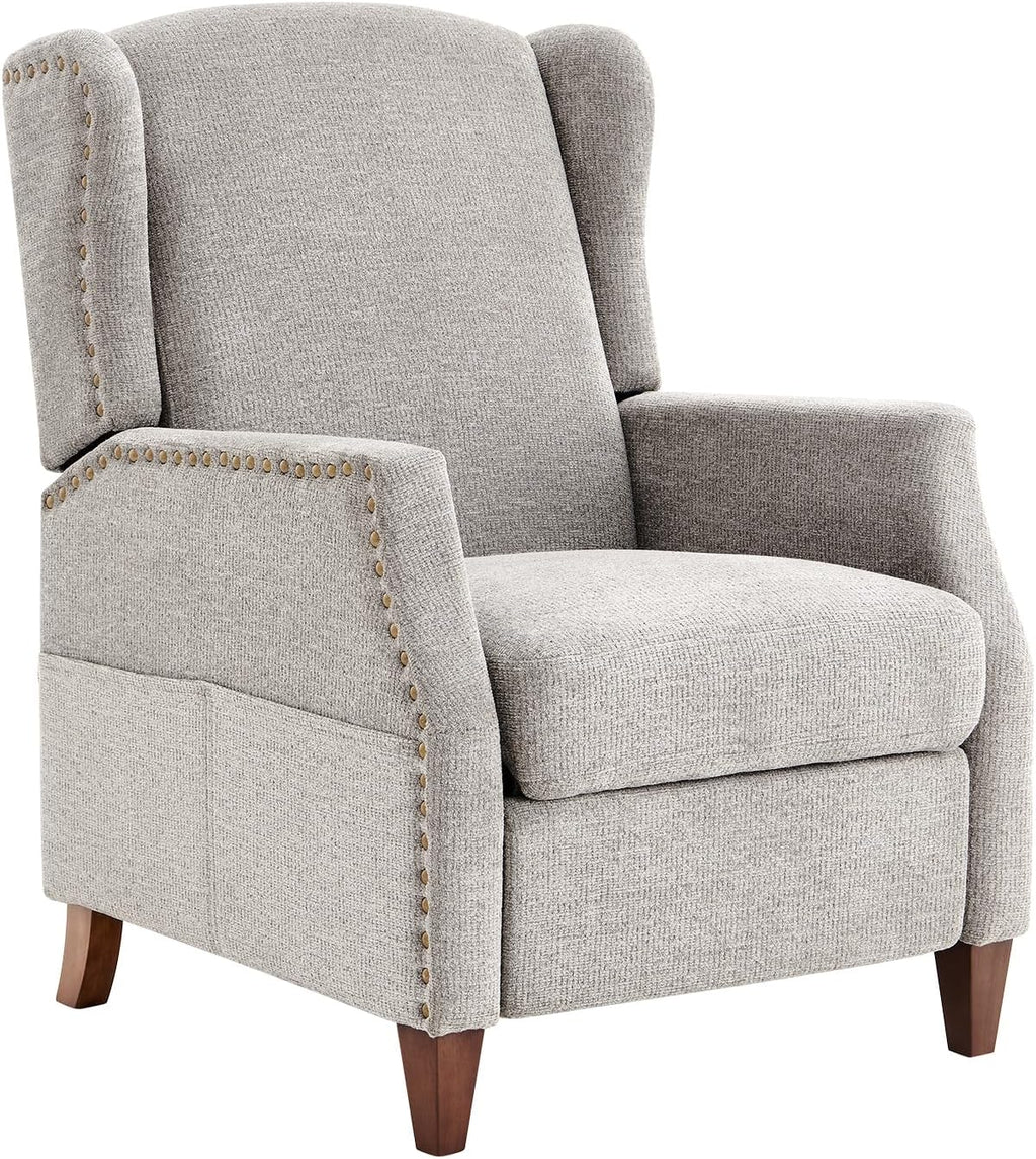 COLAMY Wingback Pushback Recliner Chair with Storage Pocket, Upholstered Fabric Living Room Chair Armchair with Wood Legs and Nailhead Trim, Beige - Grand Goldman