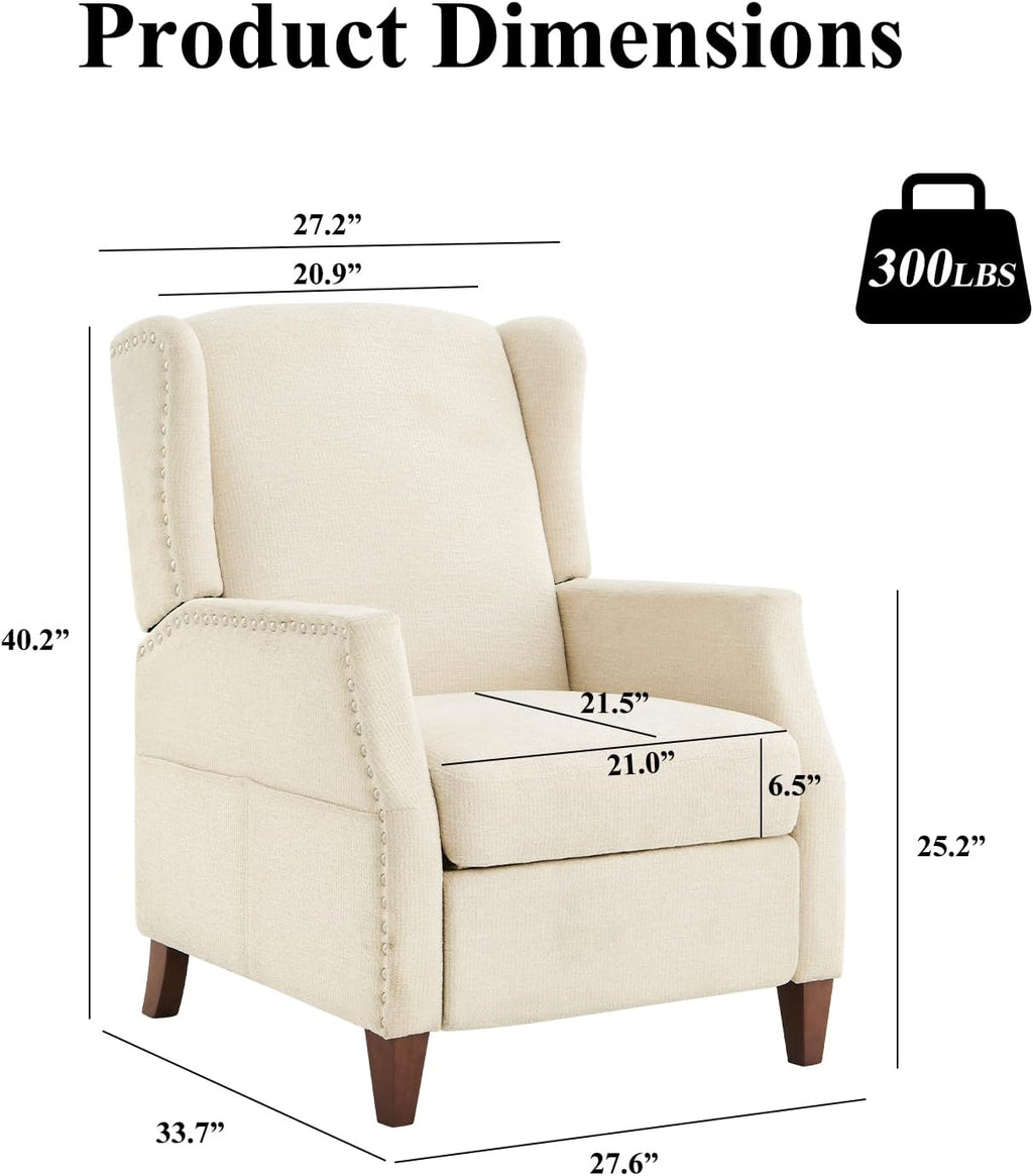 COLAMY Wingback Pushback Recliner Chair with Storage Pocket, Upholstered Fabric Living Room Chair Armchair with Wood Legs and Nailhead Trim, Beige - Grand Goldman