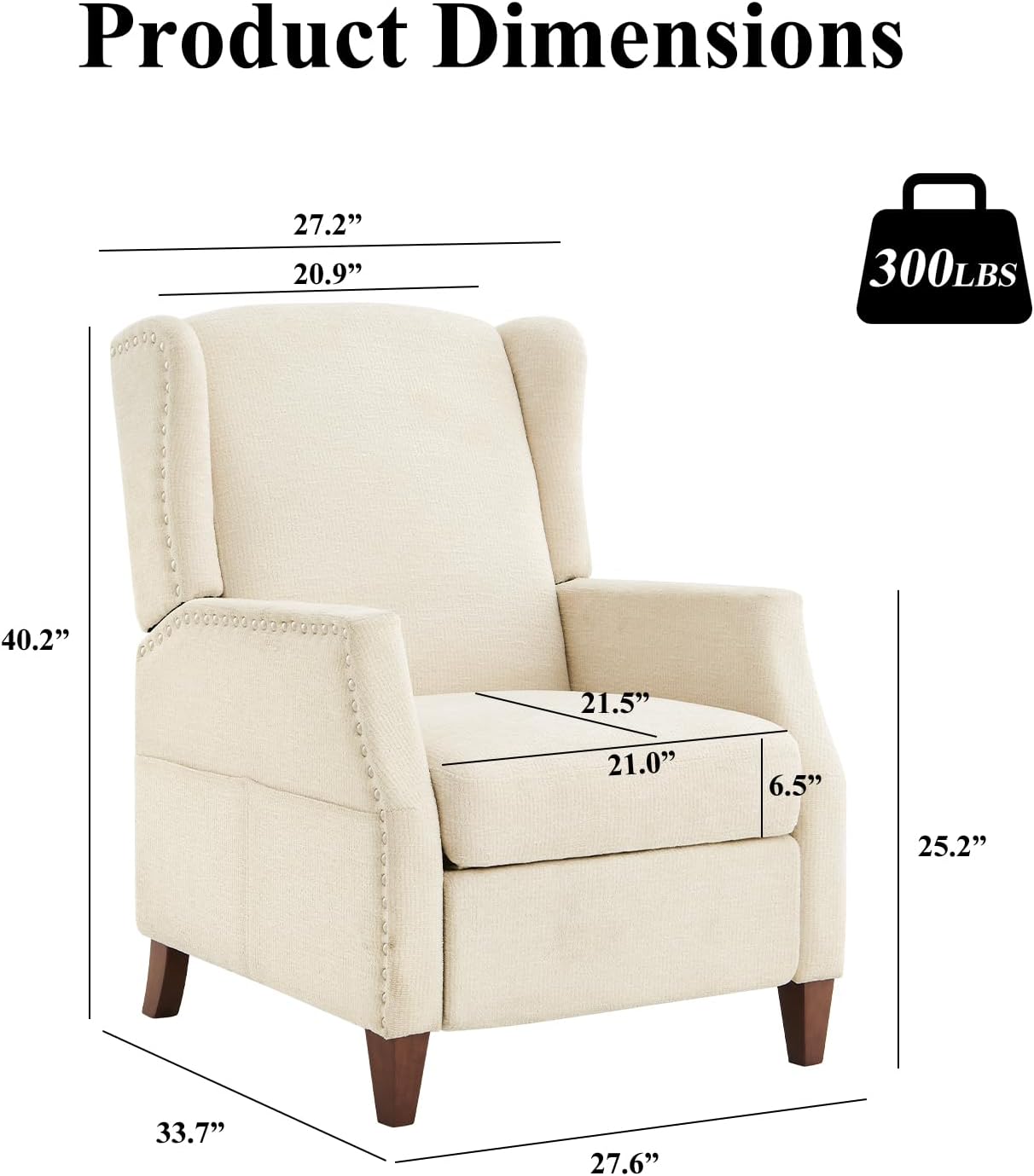 COLAMY Wingback Pushback Recliner Chair with Storage Pocket, Upholstered Fabric Living Room Chair Armchair with Wood Legs and Nailhead Trim, Beige - Grand Goldman