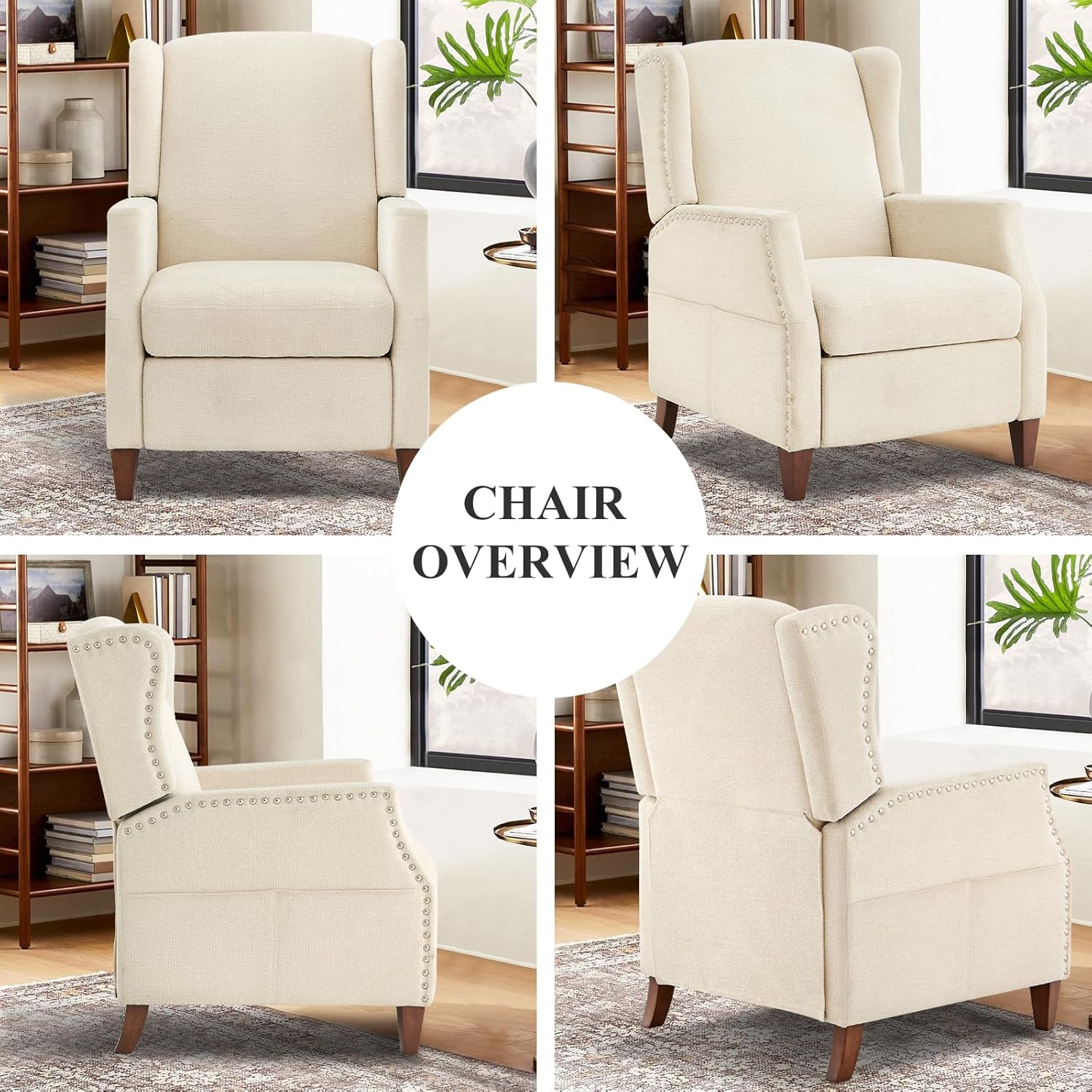 COLAMY Wingback Pushback Recliner Chair with Storage Pocket, Upholstered Fabric Living Room Chair Armchair with Wood Legs and Nailhead Trim, Beige - Grand Goldman