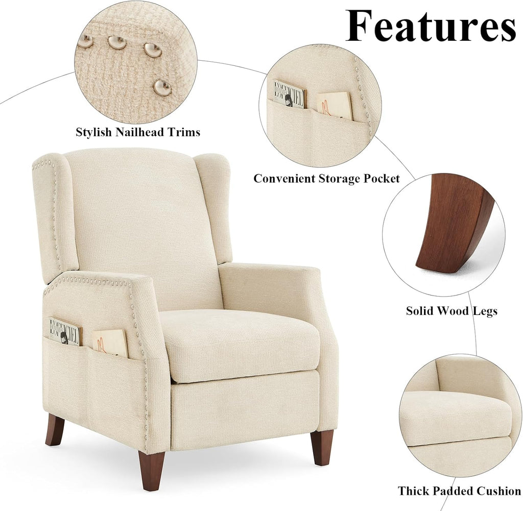 COLAMY Wingback Pushback Recliner Chair with Storage Pocket, Upholstered Fabric Living Room Chair Armchair with Wood Legs and Nailhead Trim, Beige - Grand Goldman
