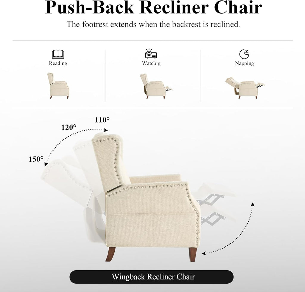 COLAMY Wingback Pushback Recliner Chair with Storage Pocket, Upholstered Fabric Living Room Chair Armchair with Wood Legs and Nailhead Trim, Beige - Grand Goldman