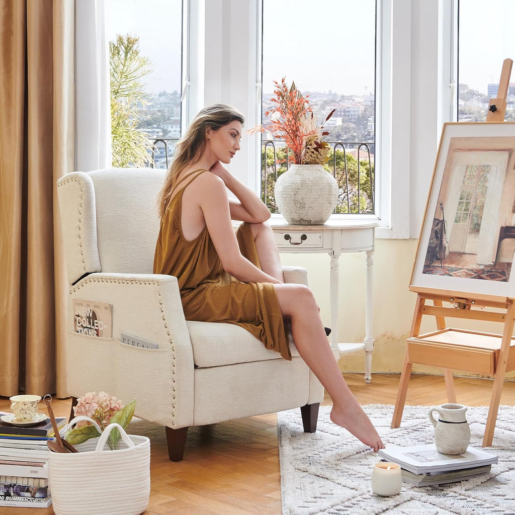 COLAMY Wingback Pushback Recliner Chair with Storage Pocket, Upholstered Fabric Living Room Chair Armchair with Wood Legs and Nailhead Trim, Beige - Grand Goldman