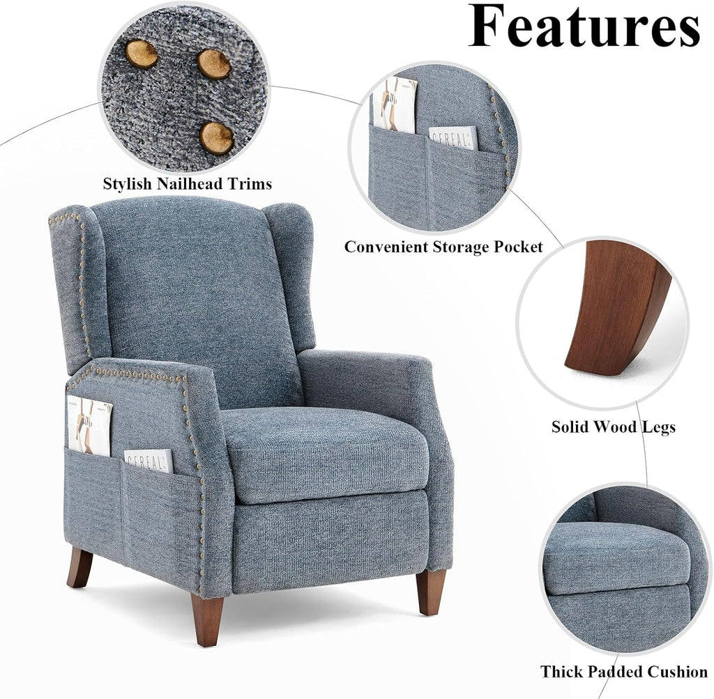 COLAMY Wingback Pushback Recliner Chair with Storage Pocket, Upholstered Fabric Living Room Chair Armchair with Wood Legs and Nailhead Trim, DarkBlue - Grand Goldman