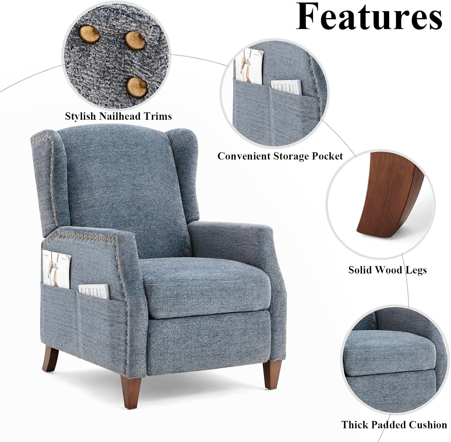 COLAMY Wingback Pushback Recliner Chair with Storage Pocket, Upholstered Fabric Living Room Chair Armchair with Wood Legs and Nailhead Trim, DarkBlue - Grand Goldman