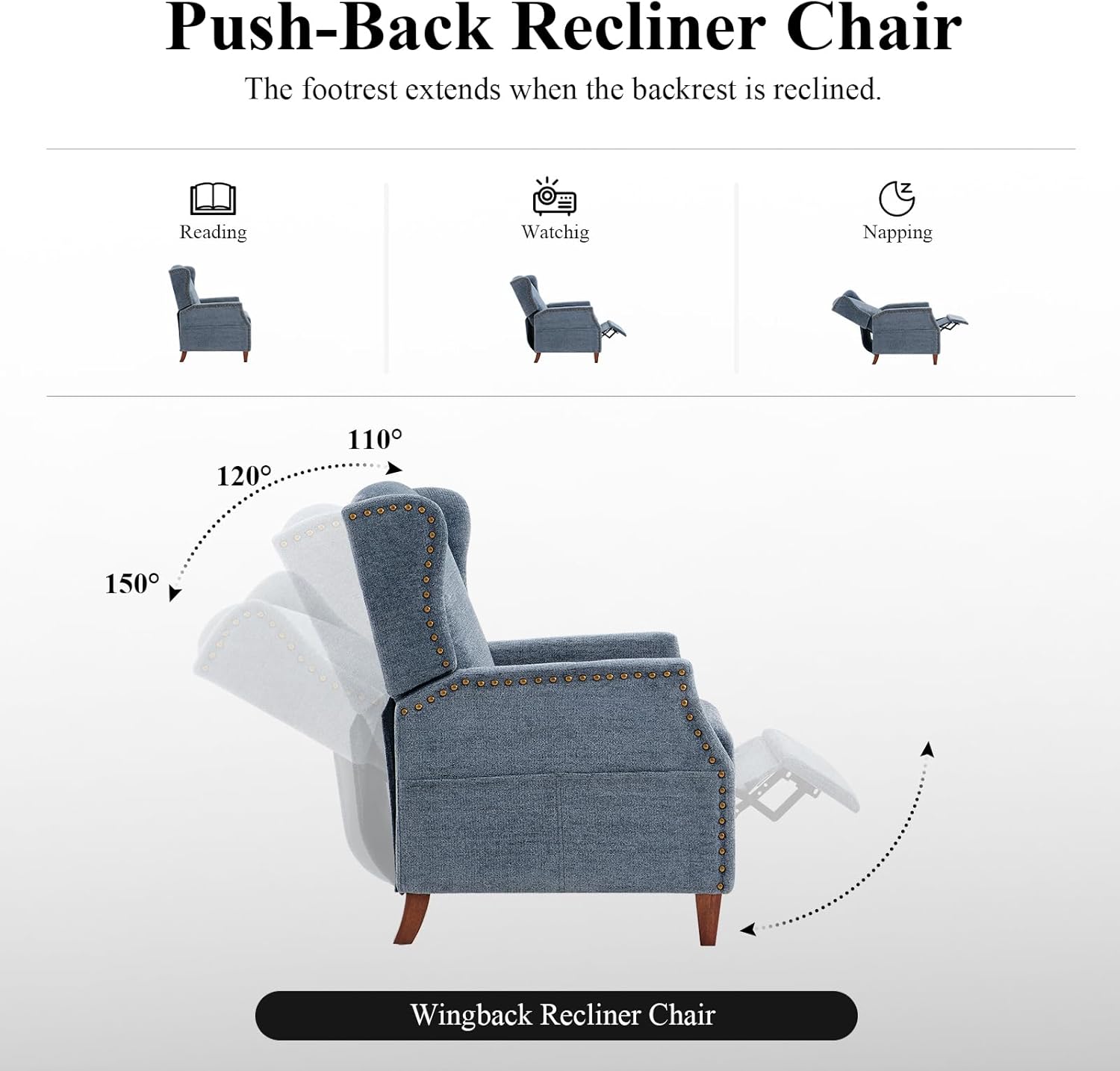 COLAMY Wingback Pushback Recliner Chair with Storage Pocket, Upholstered Fabric Living Room Chair Armchair with Wood Legs and Nailhead Trim, DarkBlue - Grand Goldman