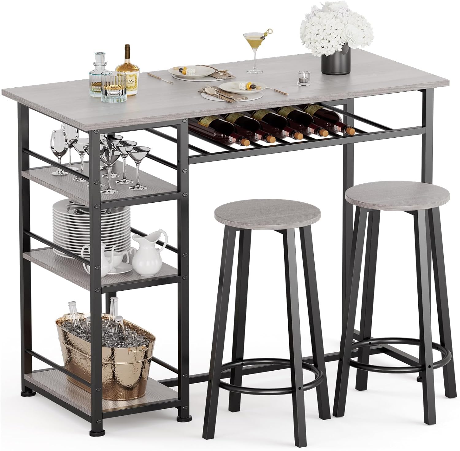 COMHOMA Dining Table Set for 2, Counter Height Kitchen Table and Chairs with Storage Shelves & Wine Rack, Bar Table Set with 2 Bar Stools, 3 Piece Dining Room Table Set for Small Space, Retro Grey - Grand Goldman