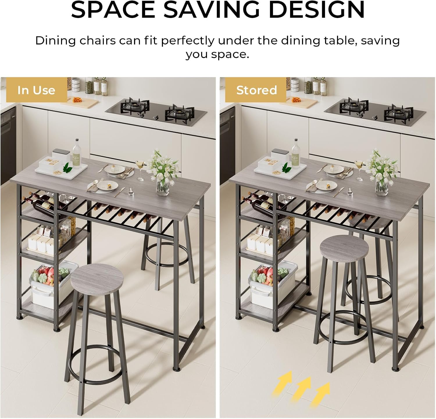 COMHOMA Dining Table Set for 2, Counter Height Kitchen Table and Chairs with Storage Shelves & Wine Rack, Bar Table Set with 2 Bar Stools, 3 Piece Dining Room Table Set for Small Space, Retro Grey - Grand Goldman