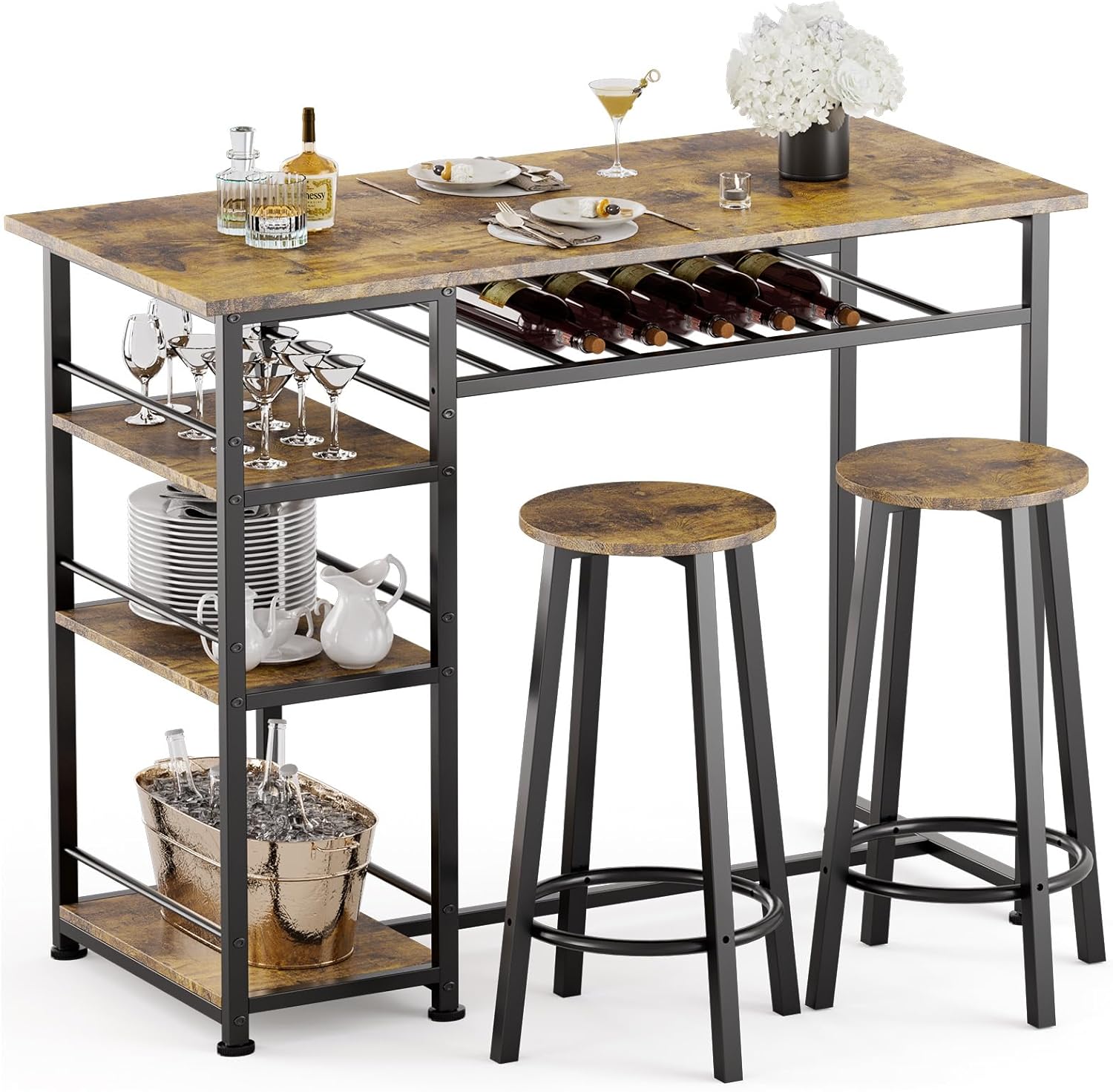 COMHOMA Dining Table Set for 2, Counter Height Kitchen Table and Chairs with Storage Shelves & Wine Rack, Bar Table Set with 2 Bar Stools, 3 Piece Dining Room Table Set for Small Space, Retro Grey - Grand Goldman