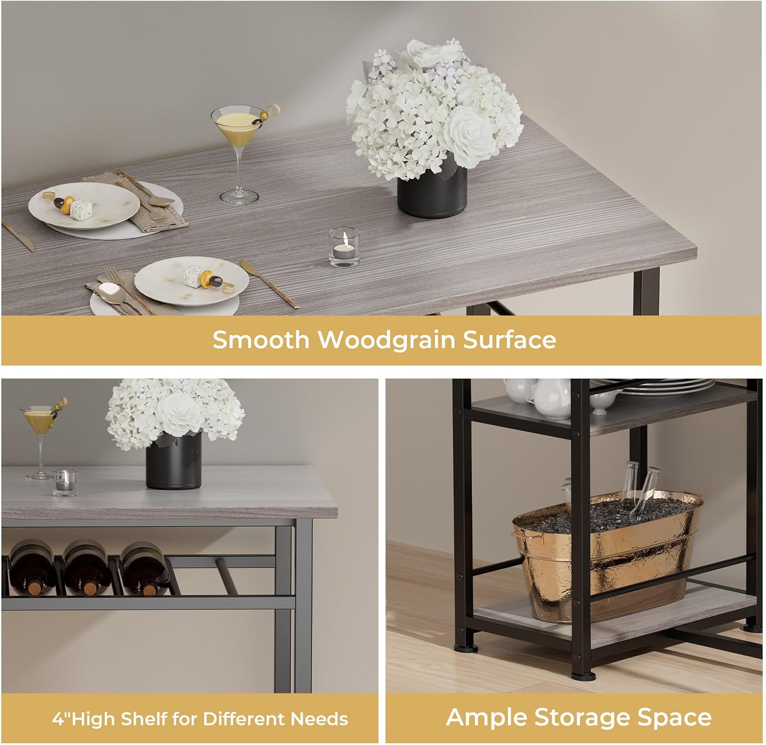 COMHOMA Dining Table Set for 2, Counter Height Kitchen Table and Chairs with Storage Shelves & Wine Rack, Bar Table Set with 2 Bar Stools, 3 Piece Dining Room Table Set for Small Space, Retro Grey - Grand Goldman