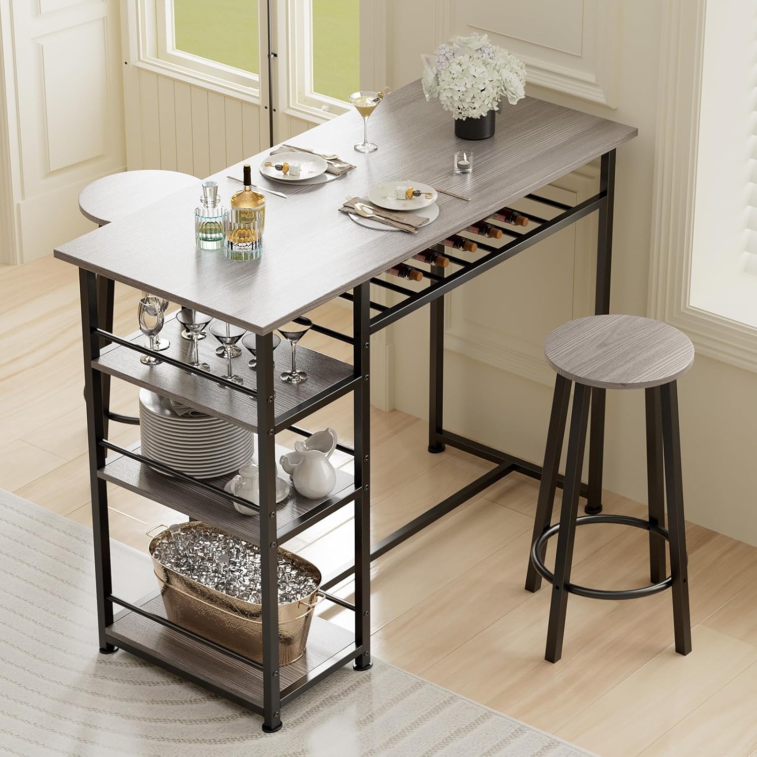 COMHOMA Dining Table Set for 2, Counter Height Kitchen Table and Chairs with Storage Shelves & Wine Rack, Bar Table Set with 2 Bar Stools, 3 Piece Dining Room Table Set for Small Space, Retro Grey - Grand Goldman