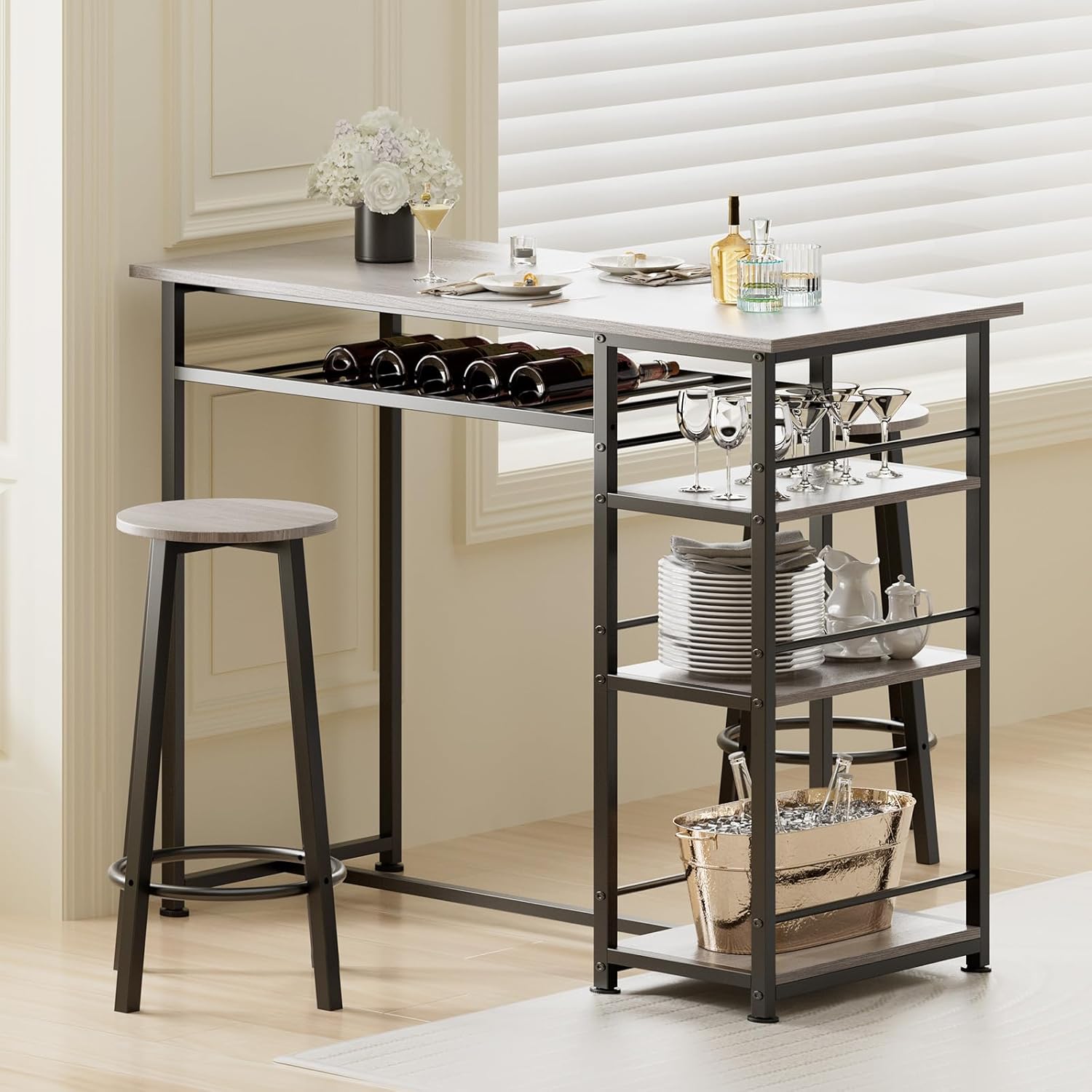 COMHOMA Dining Table Set for 2, Counter Height Kitchen Table and Chairs with Storage Shelves & Wine Rack, Bar Table Set with 2 Bar Stools, 3 Piece Dining Room Table Set for Small Space, Retro Grey - Grand Goldman