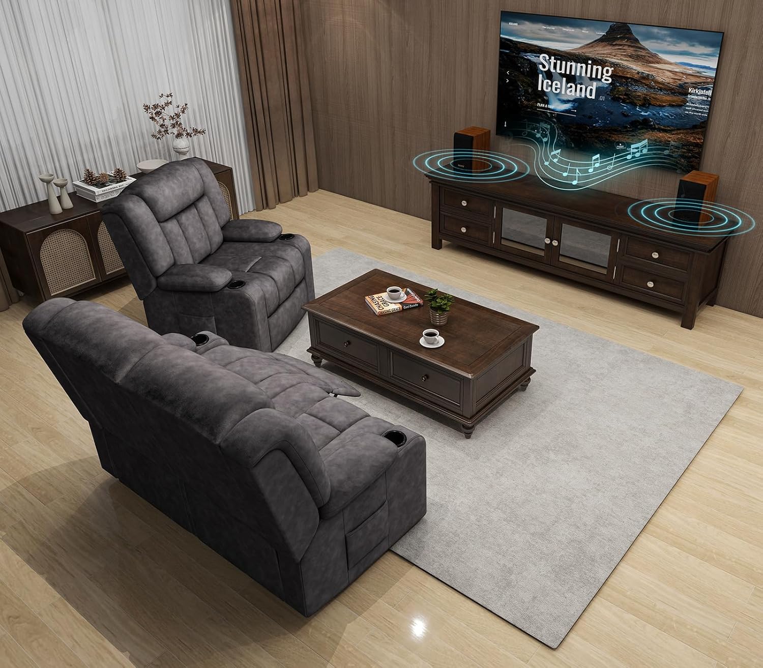 COMHOMA Manual Recliner Couch，Fabric Reclining Sofa Chair with Cup Holders, Upholstered ReclinerChair Set with Side Pockets Suitable for Living Room Furniture (2) - Grand Goldman