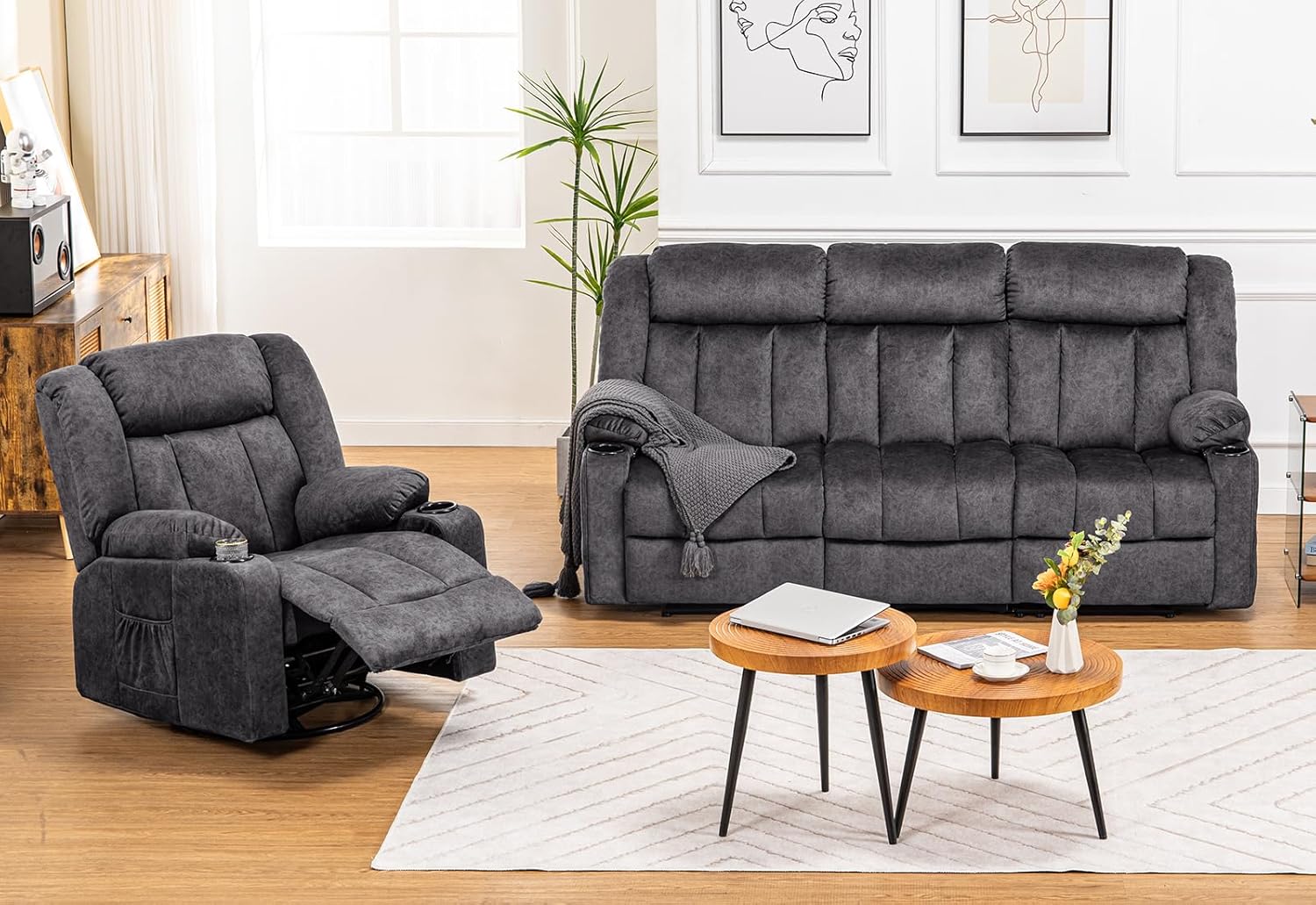 COMHOMA Manual Recliner Couch，Fabric Reclining Sofa Chair with Cup Holders, Upholstered ReclinerChair Set with Side Pockets Suitable for Living Room Furniture (2) - Grand Goldman