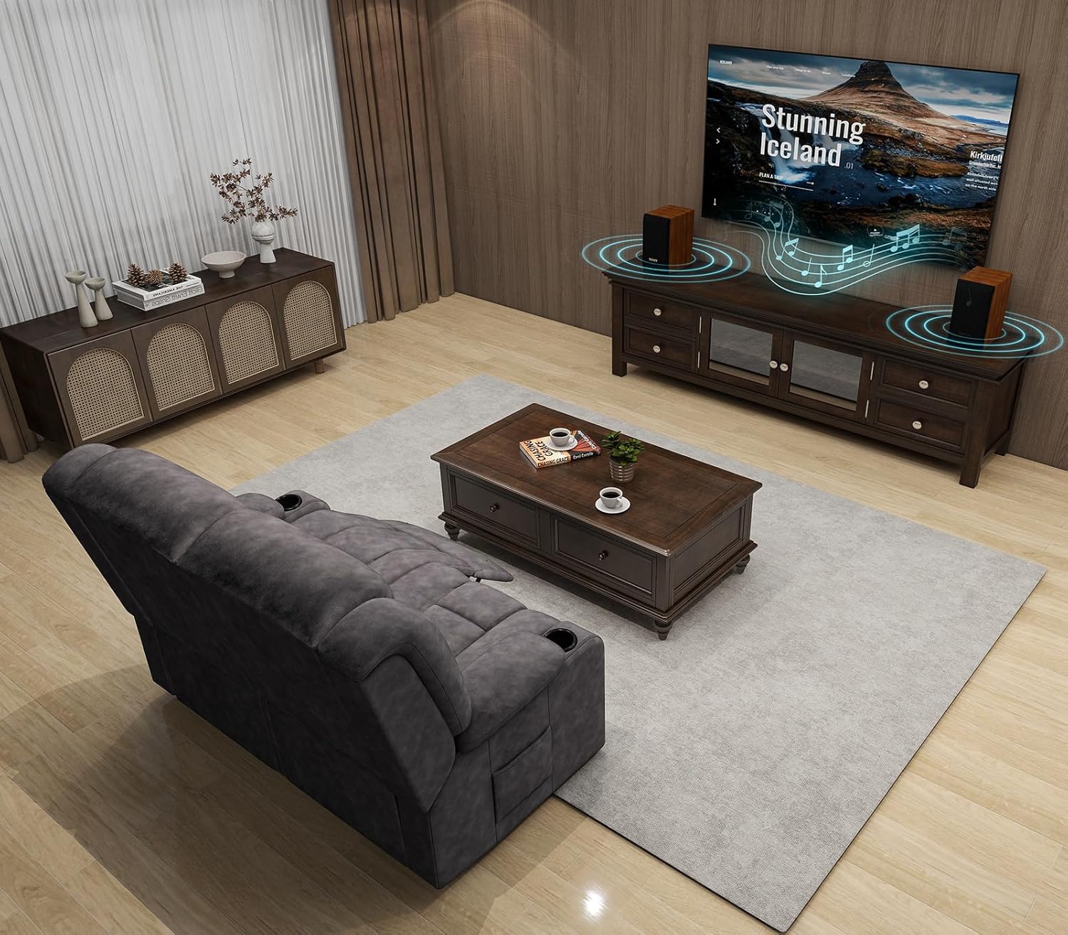 COMHOMA Manual Recliner Couch，Fabric Reclining Sofa Chair with Cup Holders, Upholstered ReclinerChair Set with Side Pockets Suitable for Living Room Furniture (2) - Grand Goldman