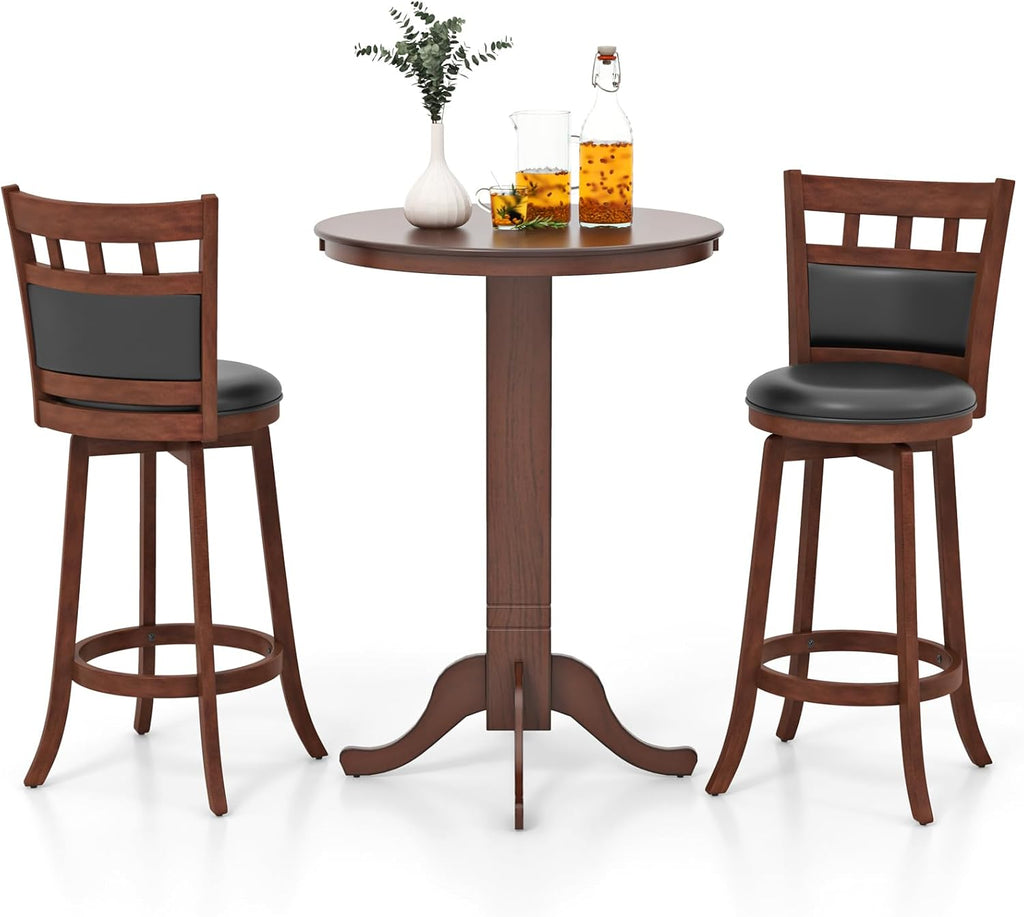 COSTWAY 3 Piece Wood Bar Table Set for 2, Round Pub Table with Pedestal Base & 2 Upholstered Swivel Stools with Footrest, Farmhouse Bistro Table Set for Kitchen Home - Grand Goldman