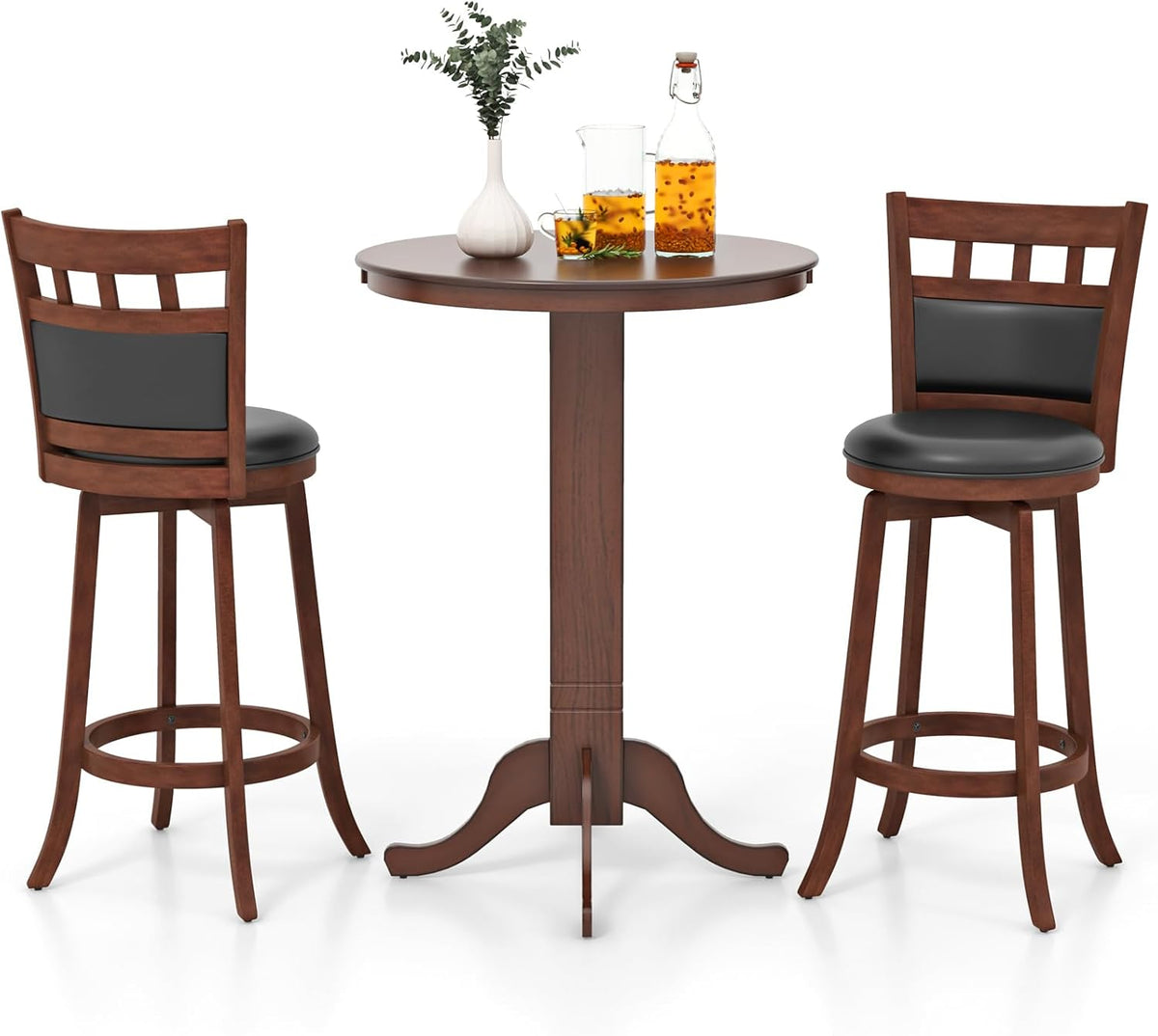 COSTWAY 3 Piece Wood Bar Table Set for 2, Round Pub Table with Pedestal Base & 2 Upholstered Swivel Stools with Footrest, Farmhouse Bistro Table Set for Kitchen Home - Grand Goldman