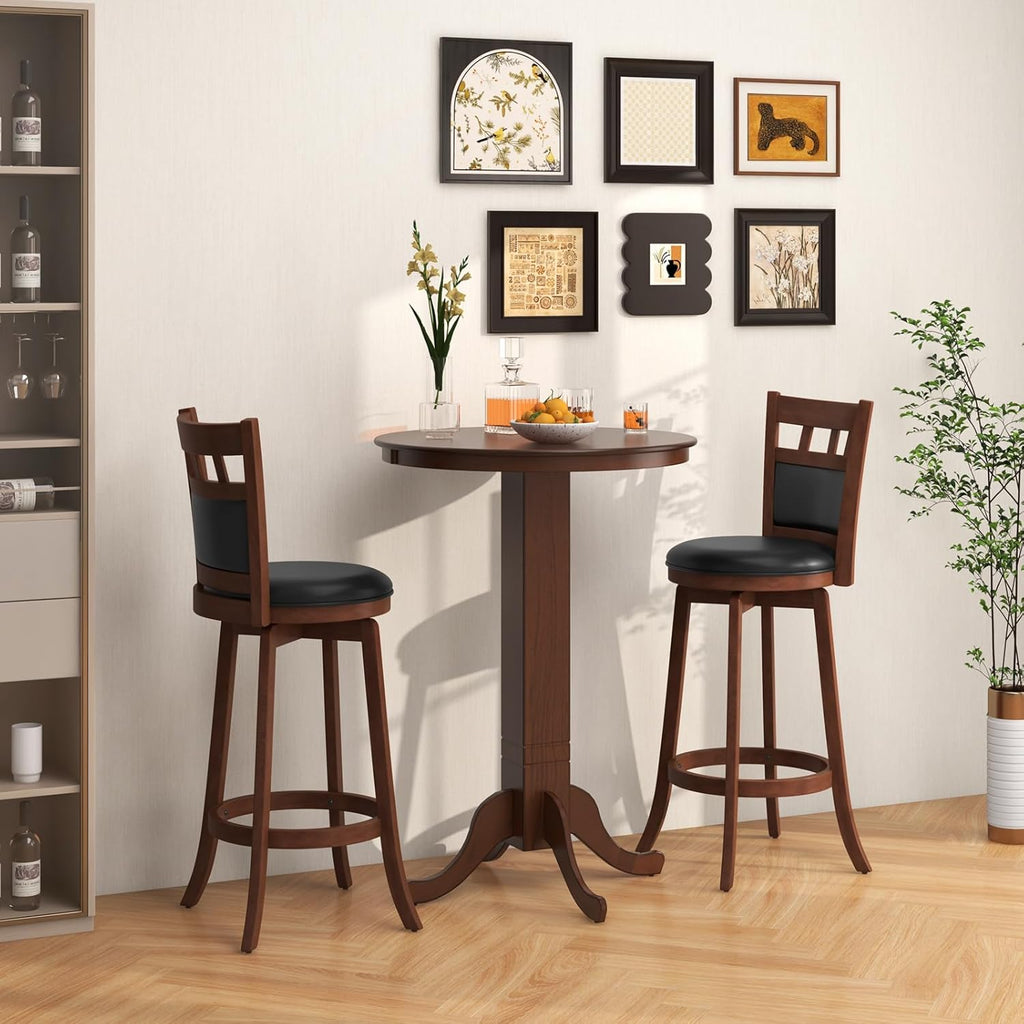 COSTWAY 3 Piece Wood Bar Table Set for 2, Round Pub Table with Pedestal Base & 2 Upholstered Swivel Stools with Footrest, Farmhouse Bistro Table Set for Kitchen Home - Grand Goldman