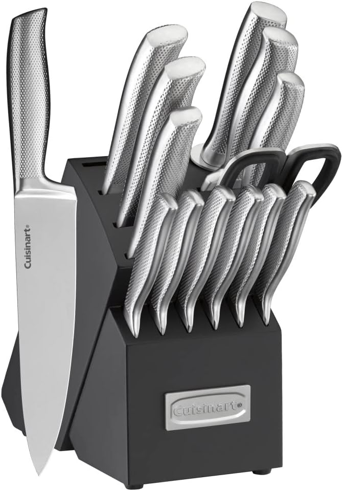 CUISINART Block Knife Set, 15pc Ultra Ultra- Sharp Cutlery Knife Set with Steel Blades for Precise Cutting , Lightweight, Stainless Steel, Durable & Dishwasher Safe, C77SS-15PK - Grand Goldman