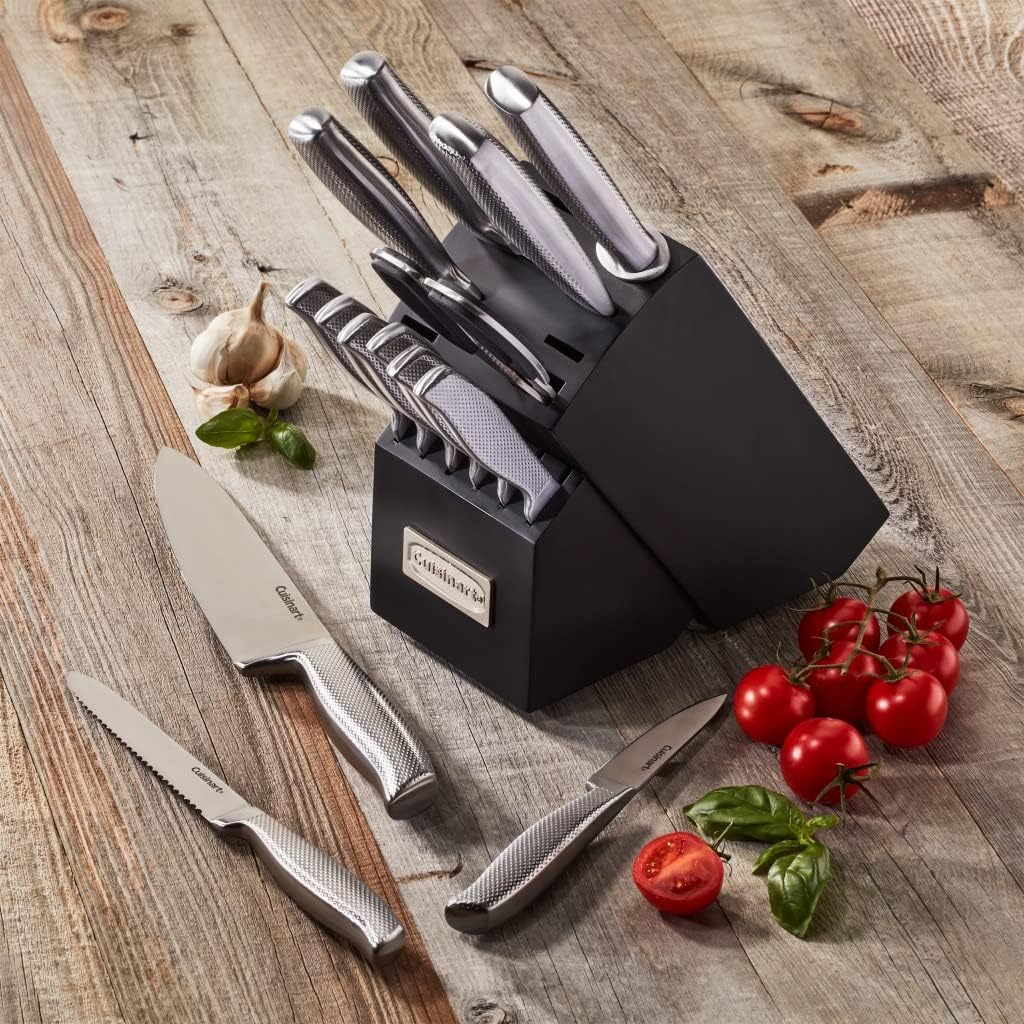 CUISINART Block Knife Set, 15pc Ultra Ultra- Sharp Cutlery Knife Set with Steel Blades for Precise Cutting , Lightweight, Stainless Steel, Durable & Dishwasher Safe, C77SS-15PK - Grand Goldman